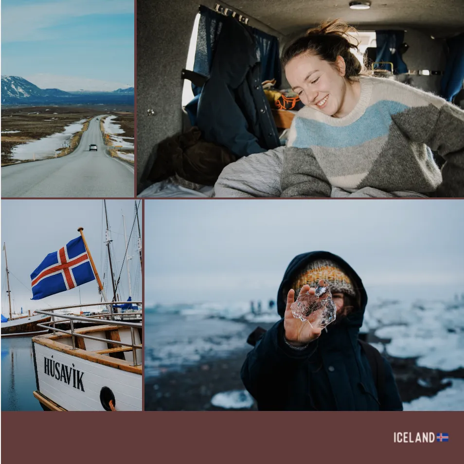 Eine Collage von Island: eine Frau in einem Van, eine Straßenansicht, ein Boot mit einer Flagge und jemand, der Eis in der Hand hält.