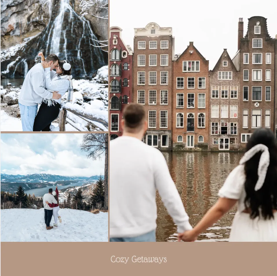 Eine Collage von Paaren in verschneiten Landschaften und einer Stadt mit Kanalhäusern, die sich an den Händen halten und umarmen. Der Text lautet „Gemütliche Ausflüge“.