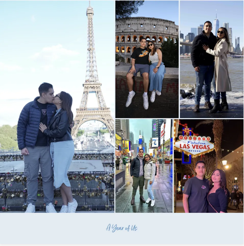 Collage von einem Paar am Eiffelturm, Kolosseum, New Yorker Skyline, Times Square und Las Vegas-Schild. Text: „Ein Jahr mit uns“.