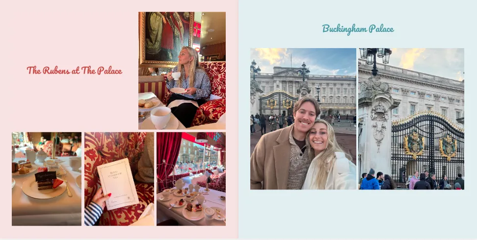 Eine Collage, die eine Frau zeigt, die im The Rubens at The Palace ihren Tee genießt, und ein Paar, das vor dem Buckingham Palace lächelt.