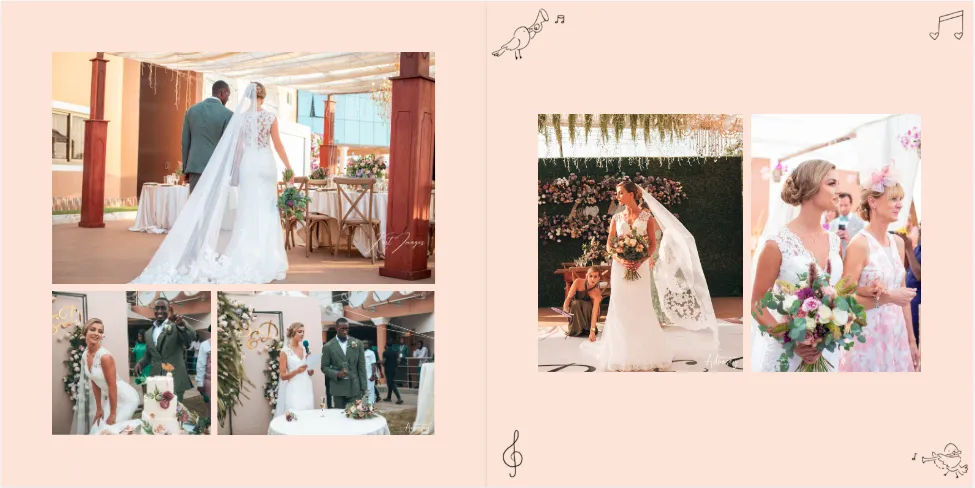 Eine Hochzeitsfotocollage mit Braut und Bräutigam, Blumendekorationen und Brautjungfern mit Blumensträußen vor eleganten Kulissen.