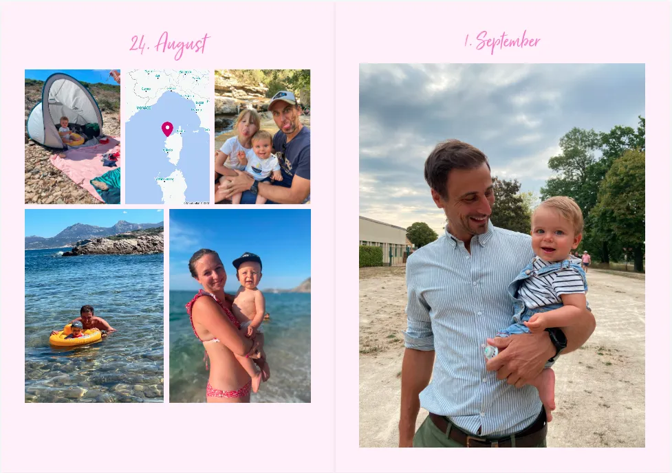 Collage von Familienurlaubsfotos im August und einem Vater, der im September ein Kind hält, mit einer Karte, die einen Ort markiert.