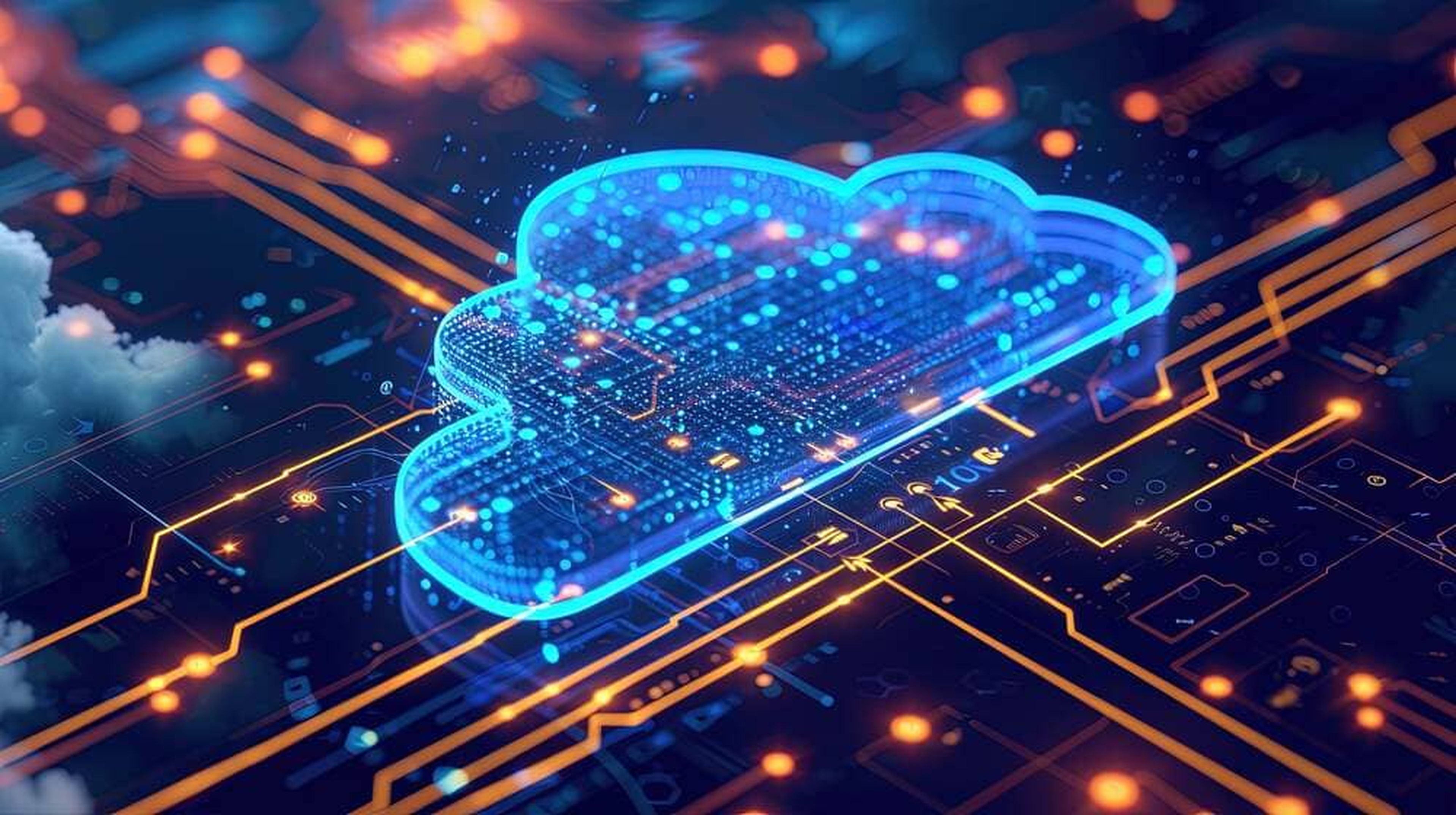 Glowing blue cloud on a digital circuit board background symbolizing cloud computing technology.