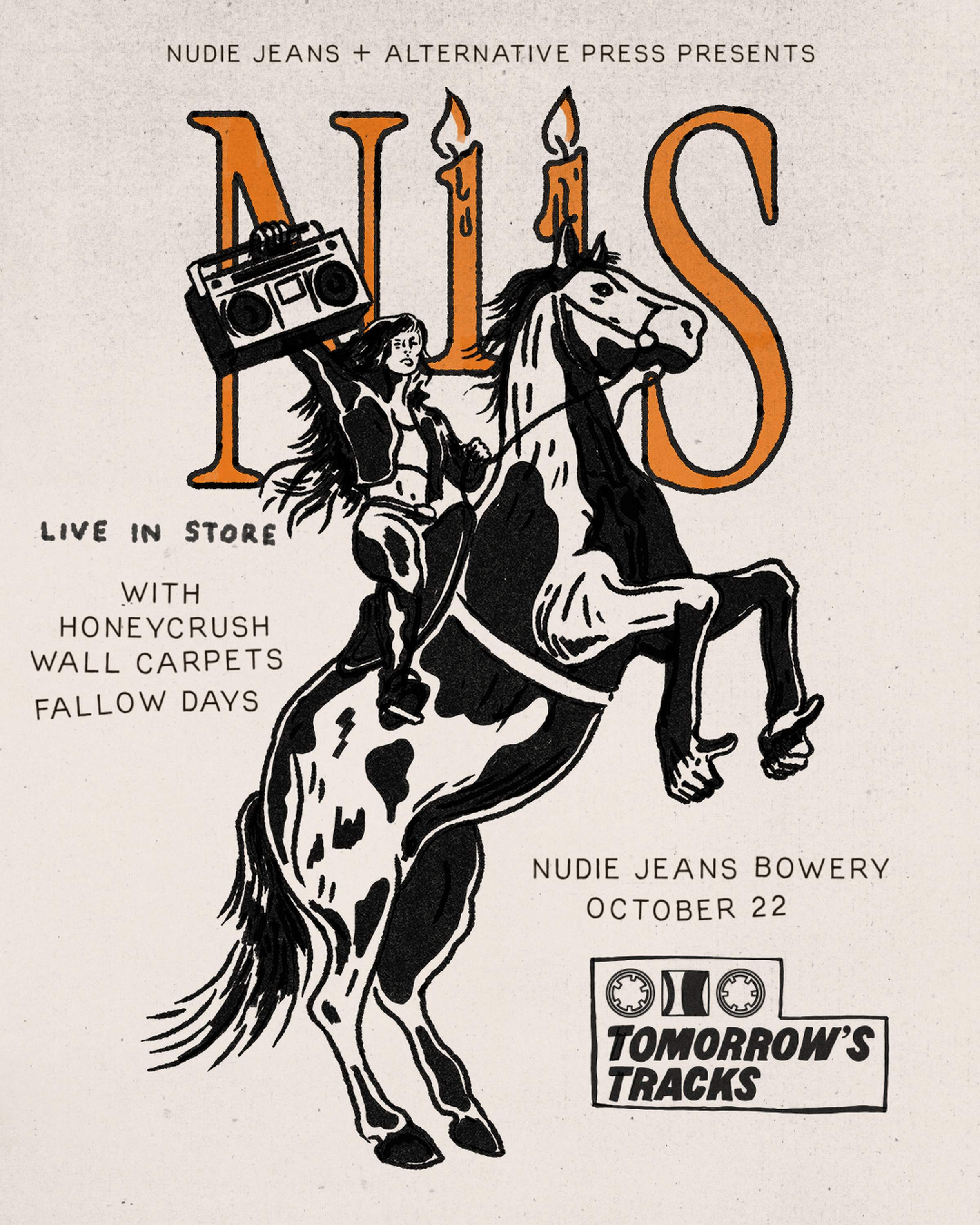 Illustration of a person on a rearing horse holding a boombox. Text promotes a live event at Nudie Jeans Bowery on October 22.
