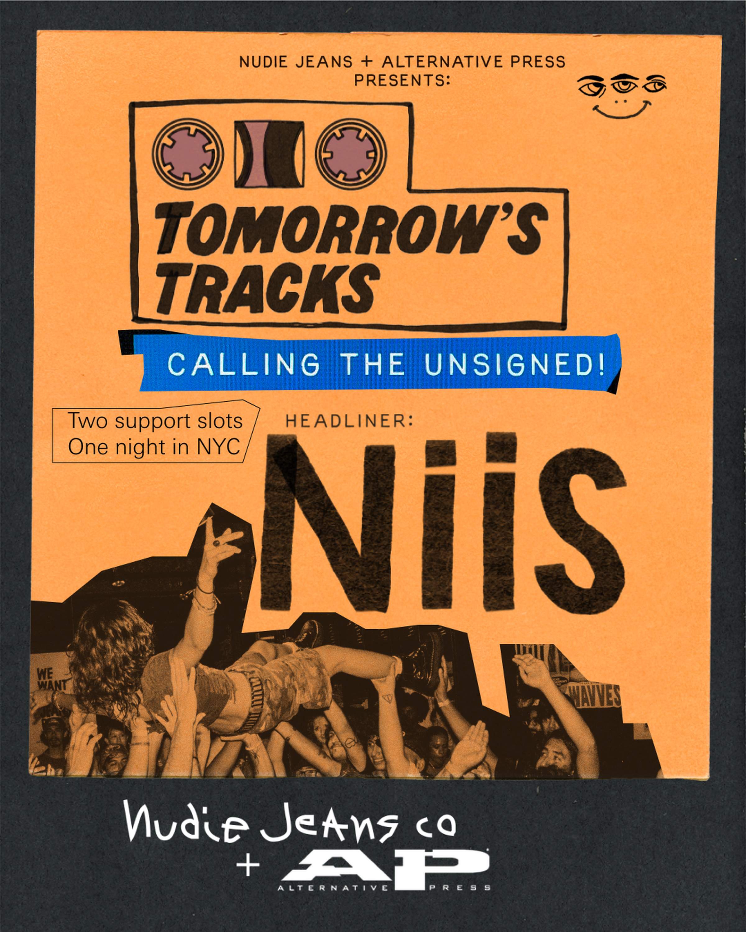 Concert poster for "Tomorrow’s Tracks," headlined by Niis in NYC, by Nudie Jeans + Alternative Press. Features crowd surfing photo.