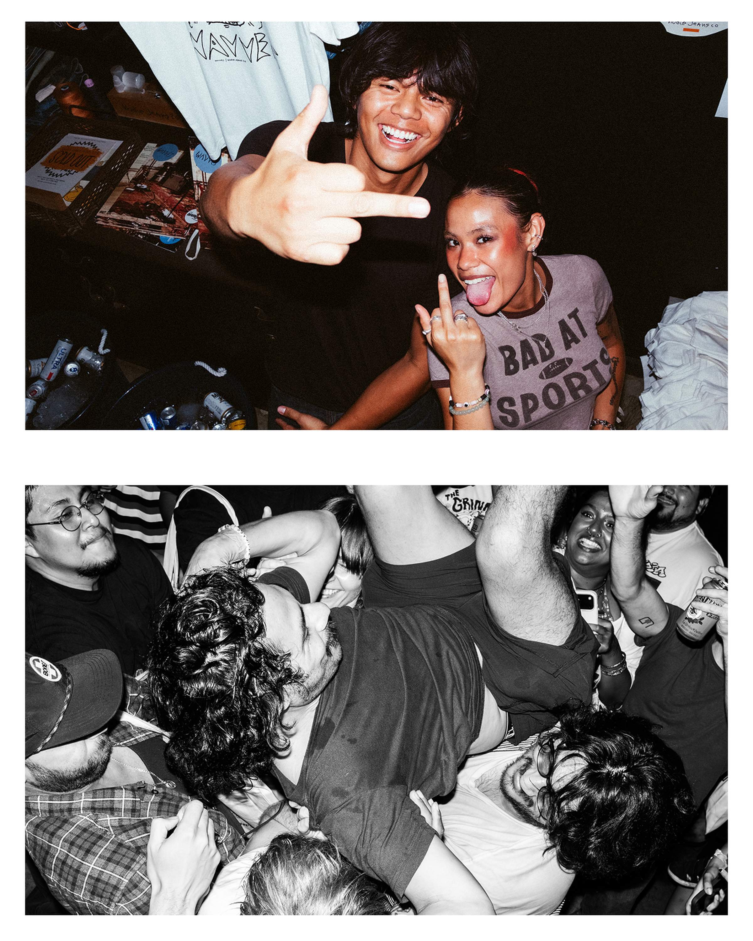 Two images: Top shows two people smiling and making gestures. Bottom depicts a crowd of people engaging in crowd-surfing.