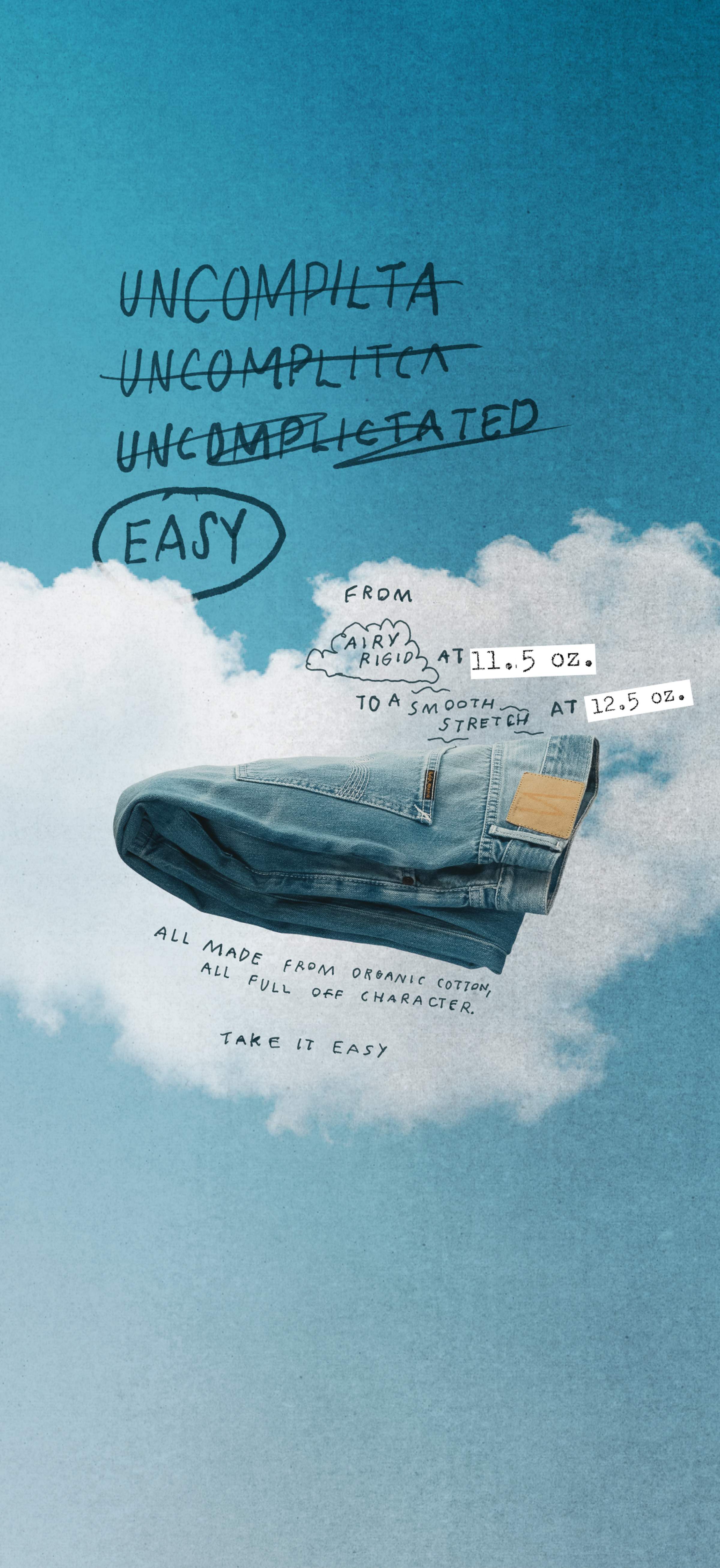Floating jeans on a cloudy blue sky, with handwritten text and phrases like "easy," and "take it easy," describing denim qualities and comfort.