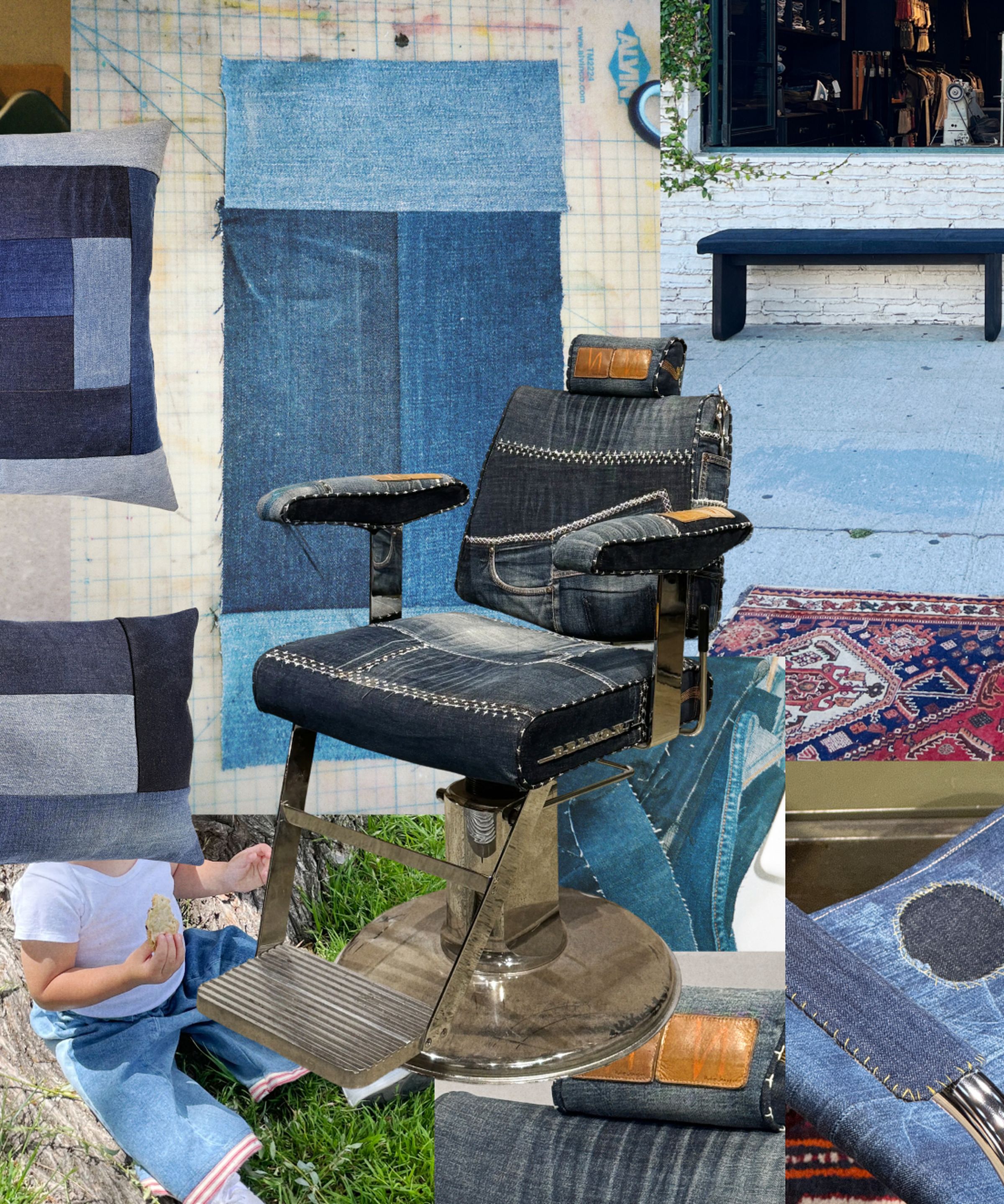 Vintage barber chair with patchwork upholstery made by old Nudie Jeans surrounded by denim swatches, pillows, a child, a bench, and a rug, creating a retro aesthetic.