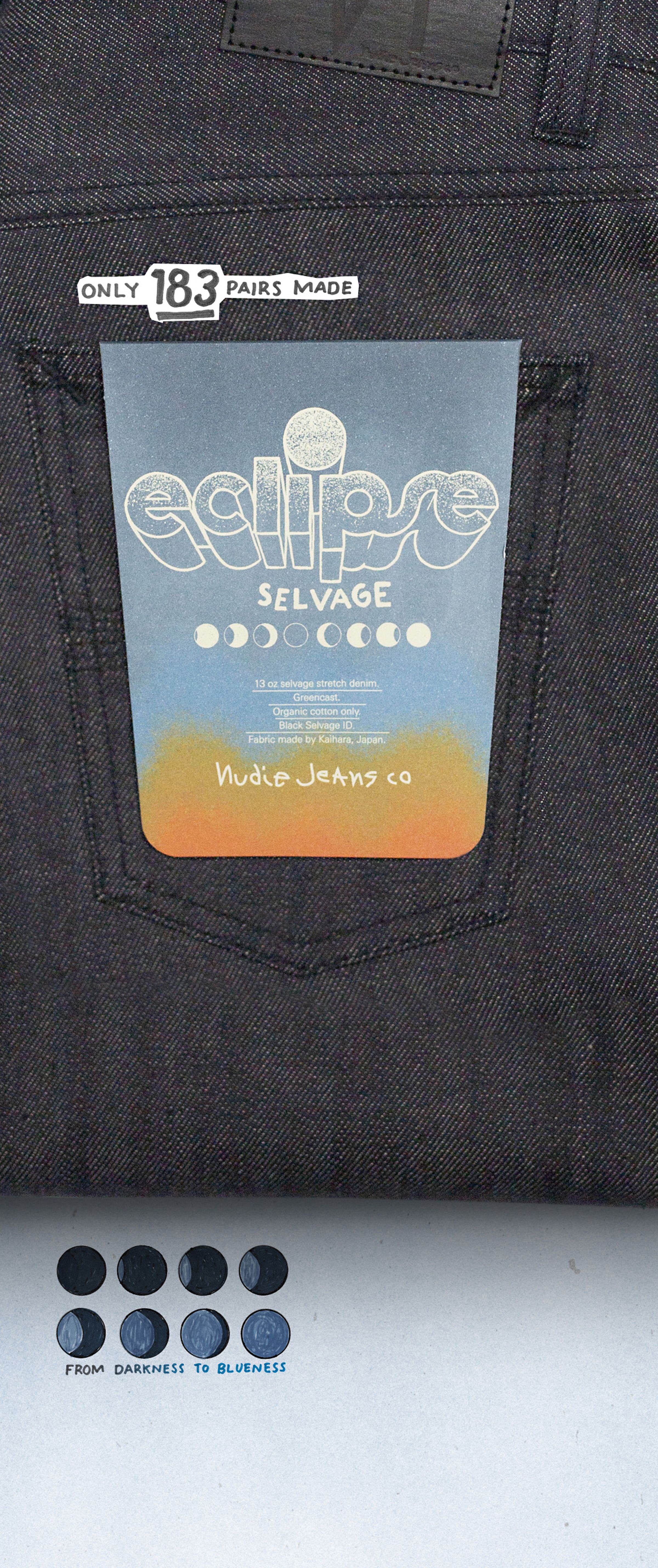 Close-up of dark denim jeans pocket with a card labeled "eclipse selvage," featuring moon phases and text "only 183 pairs made."