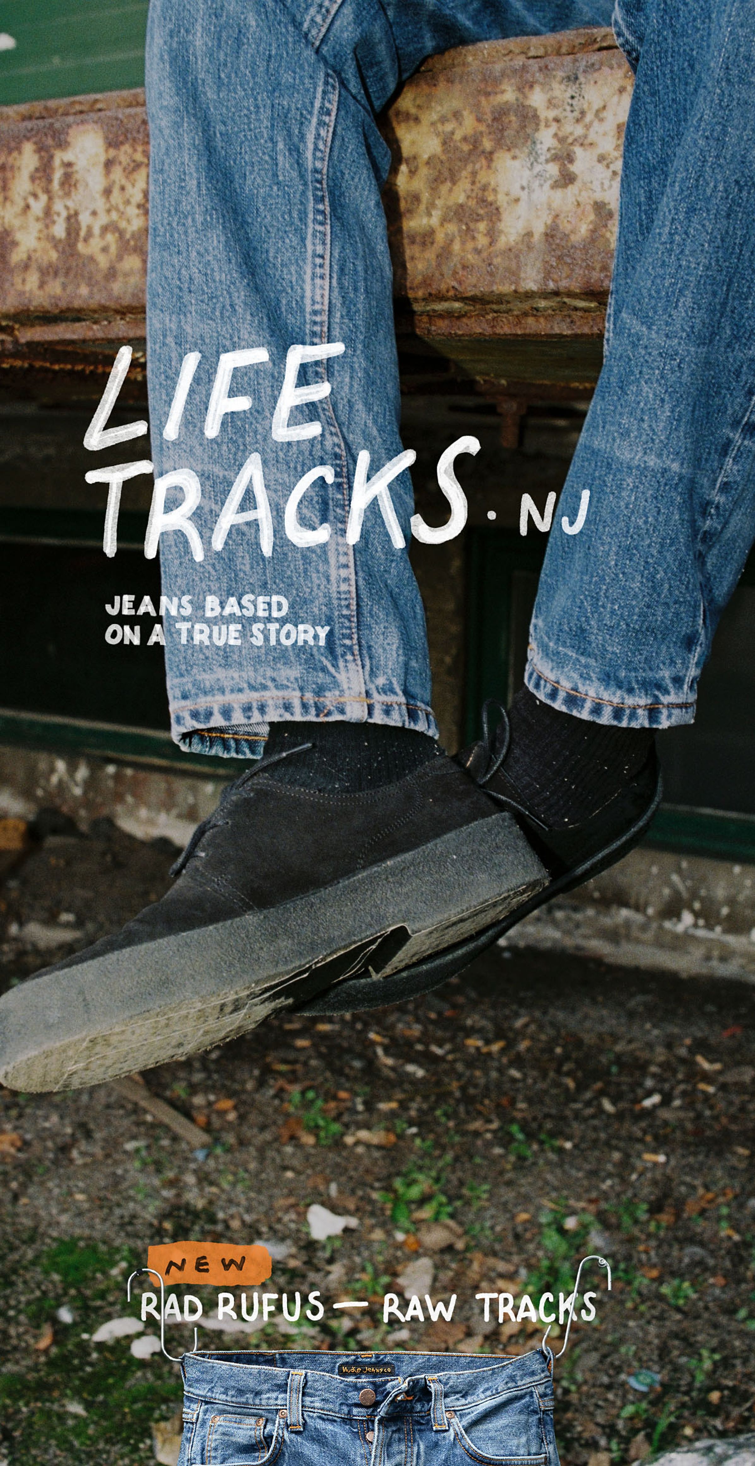 Person sitting on a ledge wearing blue jeans and black slip-on shoes. Text reads "Life Tracks NJ" and "Rad Rufus - Raw Tracks."
