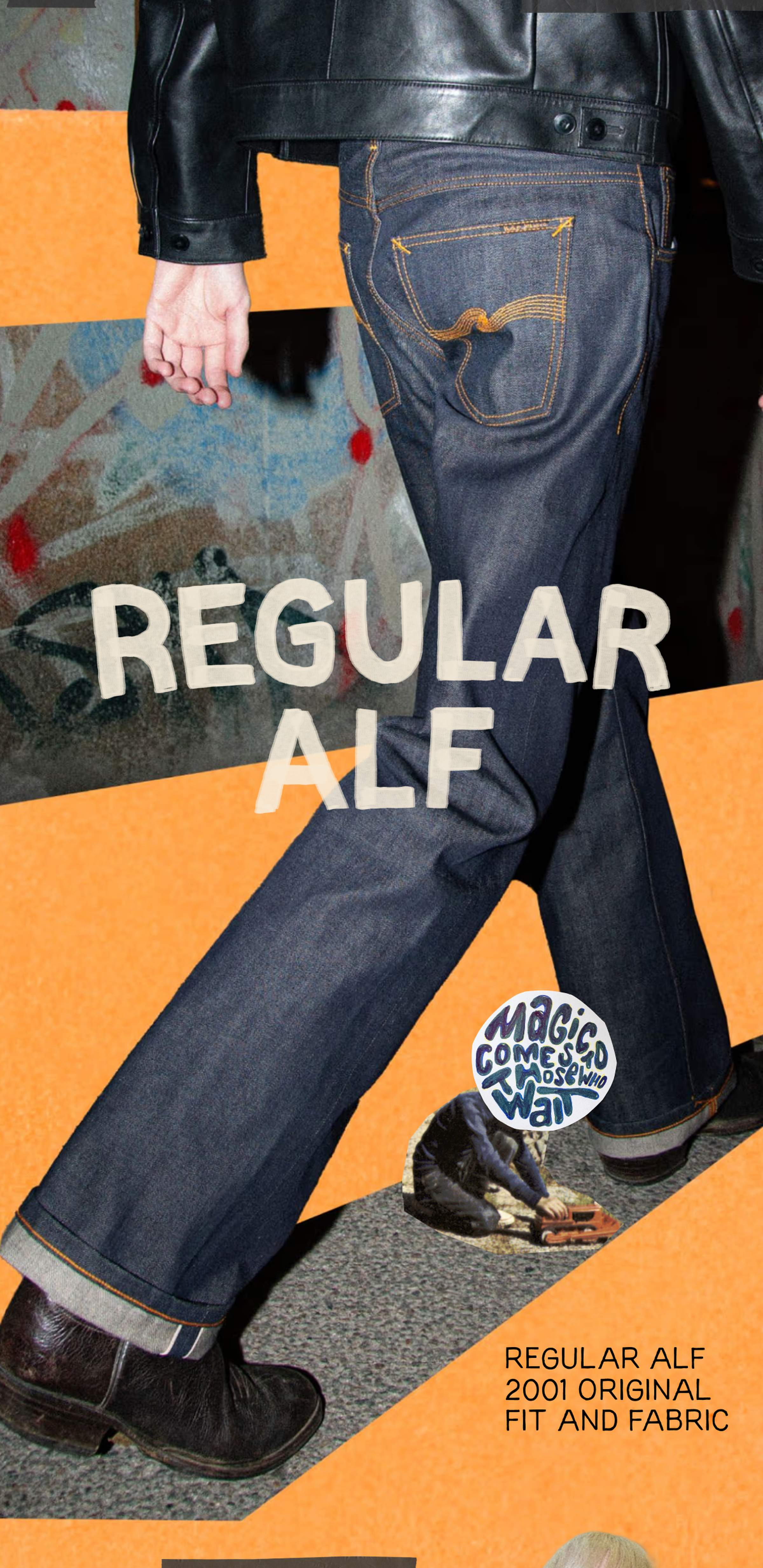 Person wearing a black leather jacket and denim jeans, seen from behind. Text reads "Regular Alf 2001 Original Fit and Fabric."