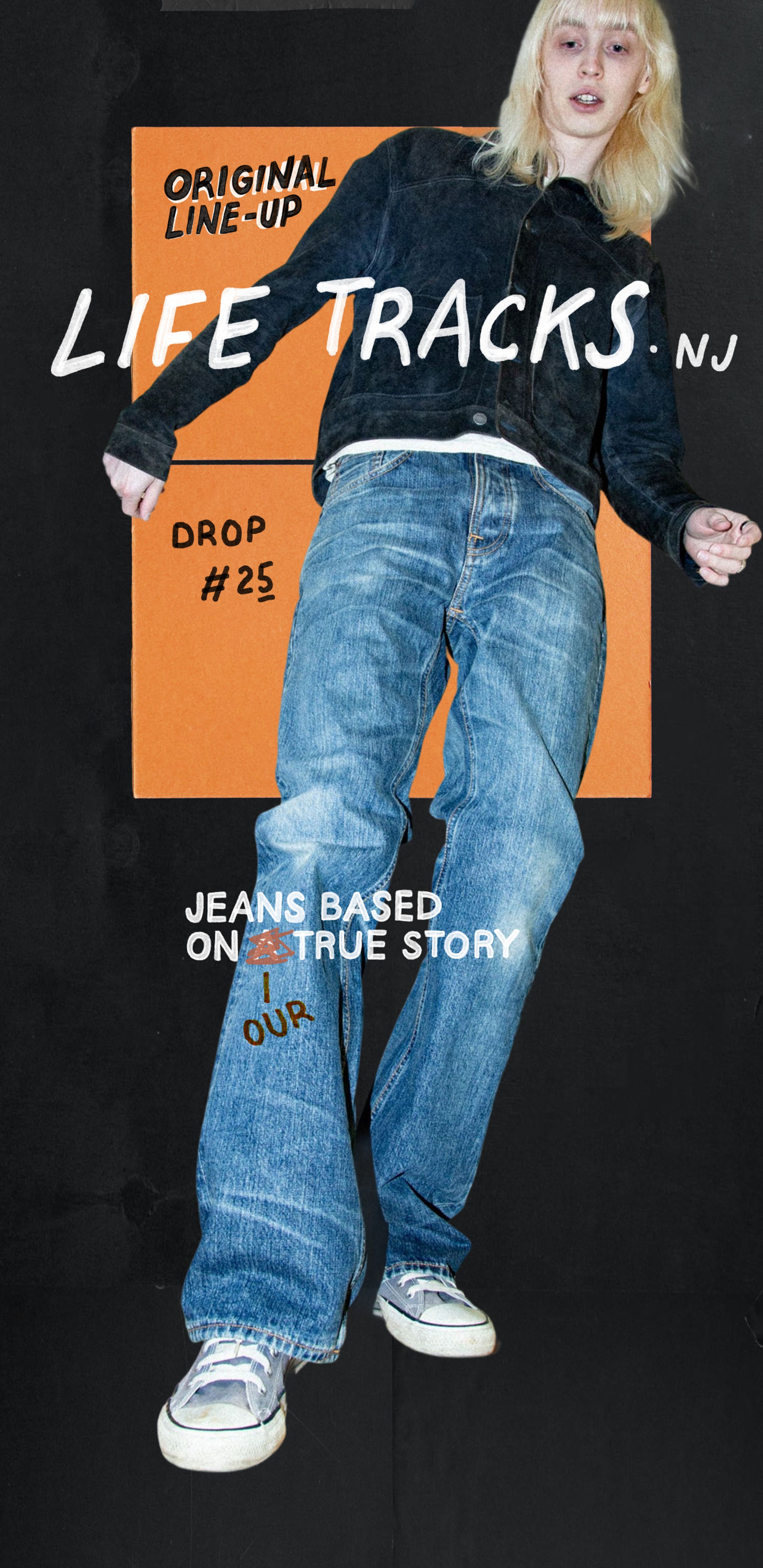 Nudie Jeans Life Tracks NJ Drop #25, model in faded blue jeans and black denim jacket, "Jeans Based on Our Story".