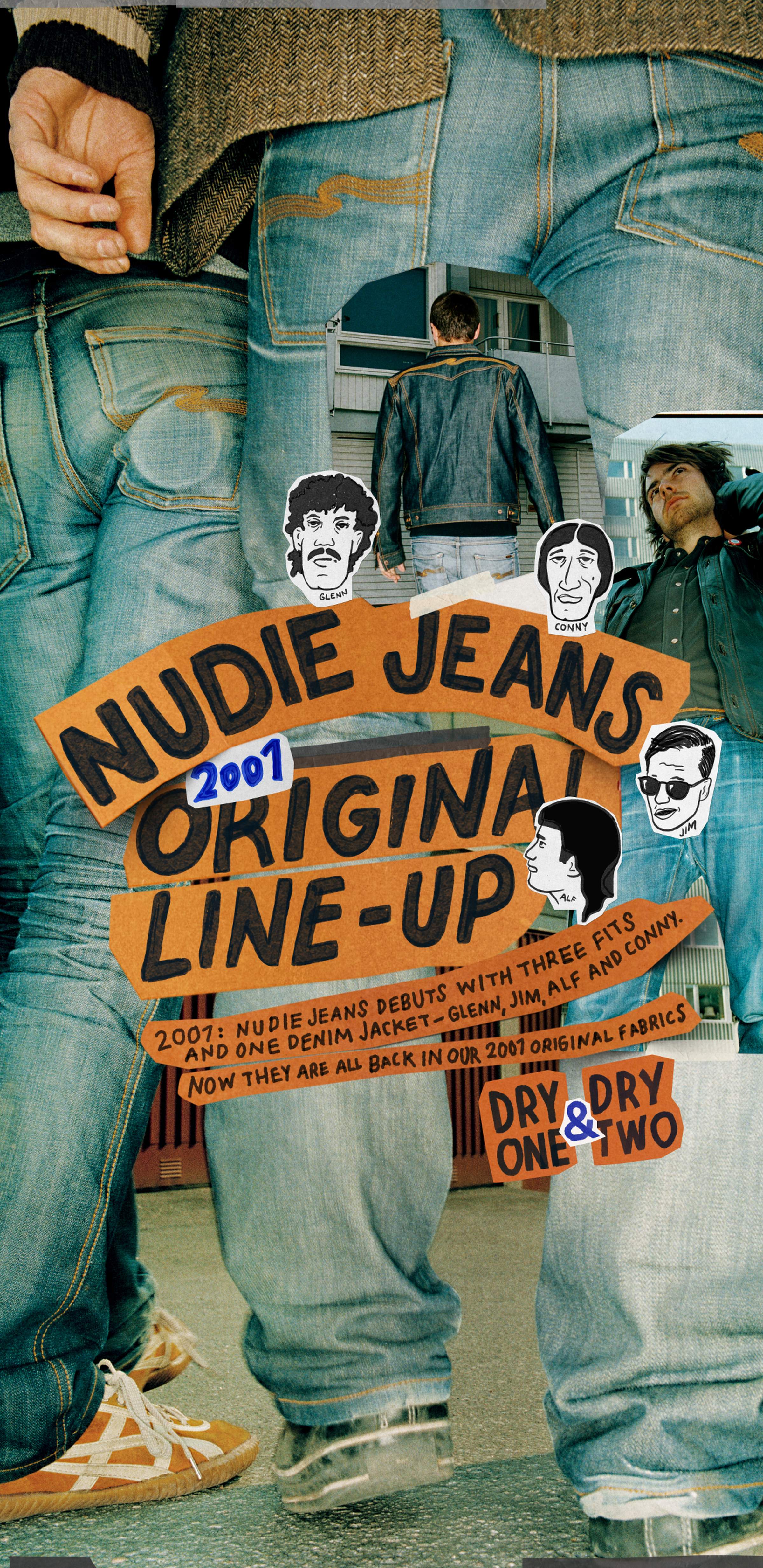 Collage of denim jeans and jackets with illustrations and text: "Nudie Jeans Original Line-up 2001, Dry One & Dry Two."