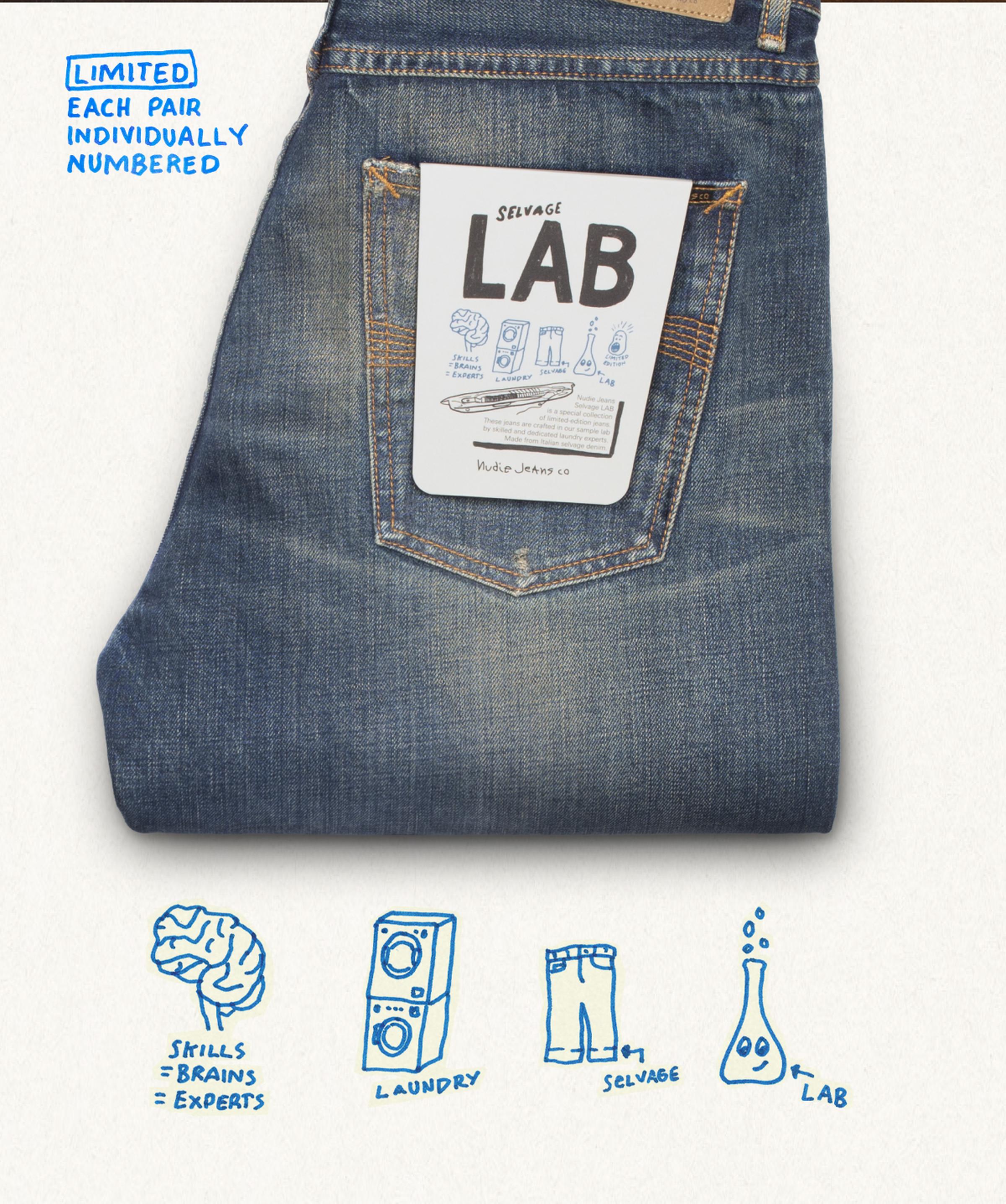 Folded blue jeans with a "Selvage LAB" label on the back pocket, laid on a white surface. A note reads "LIMITED EACH PAIR INDIVIDUALLY NUMBERED."