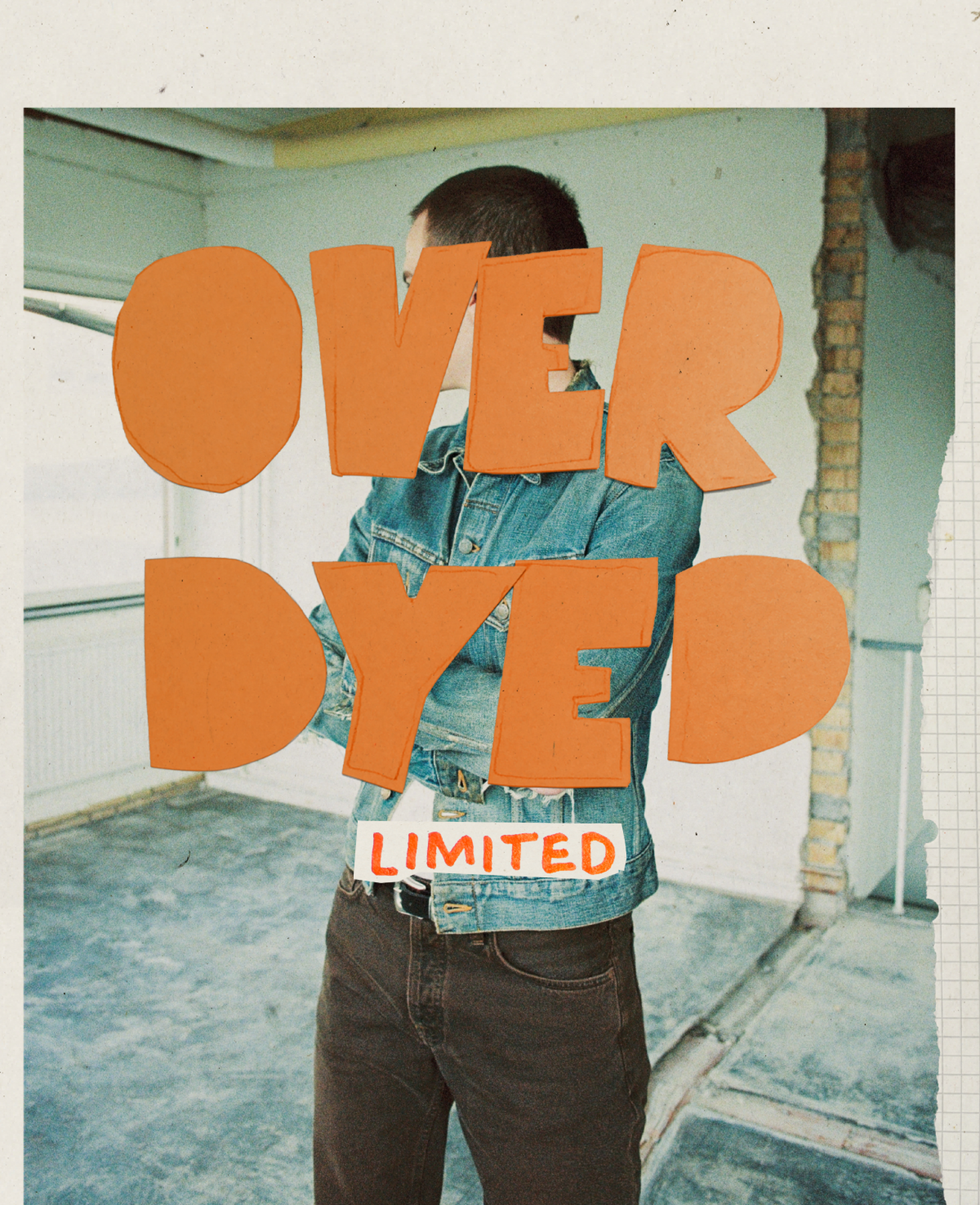 Nudie Jeans Overdyed Limited collection, model in denim jacket and dark jeans with bold orange "Over Dyed" text overlay.