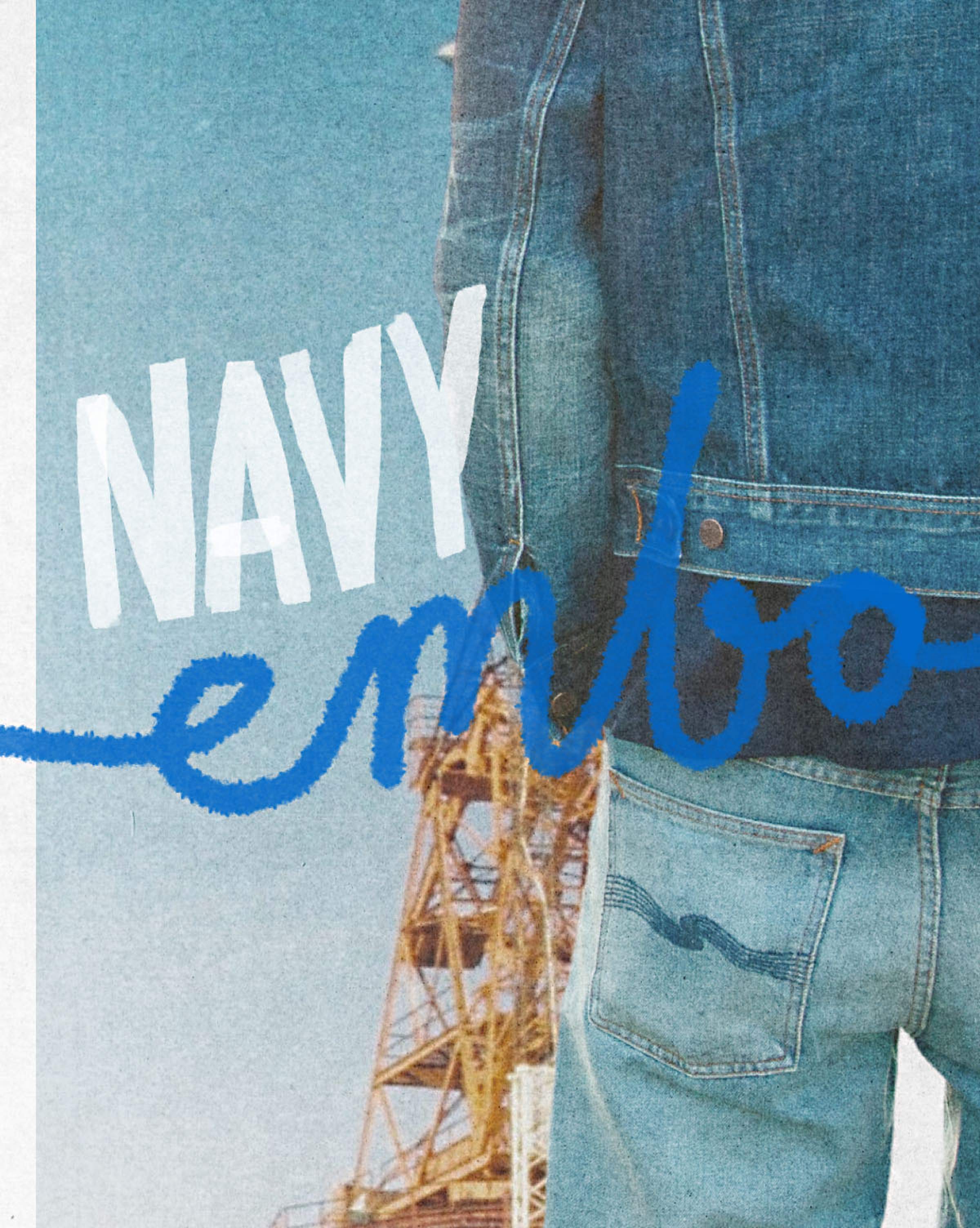 Nudie Jeans Navy Embo collection, model in light wash denim jacket and jeans with back pocket stitching visible.