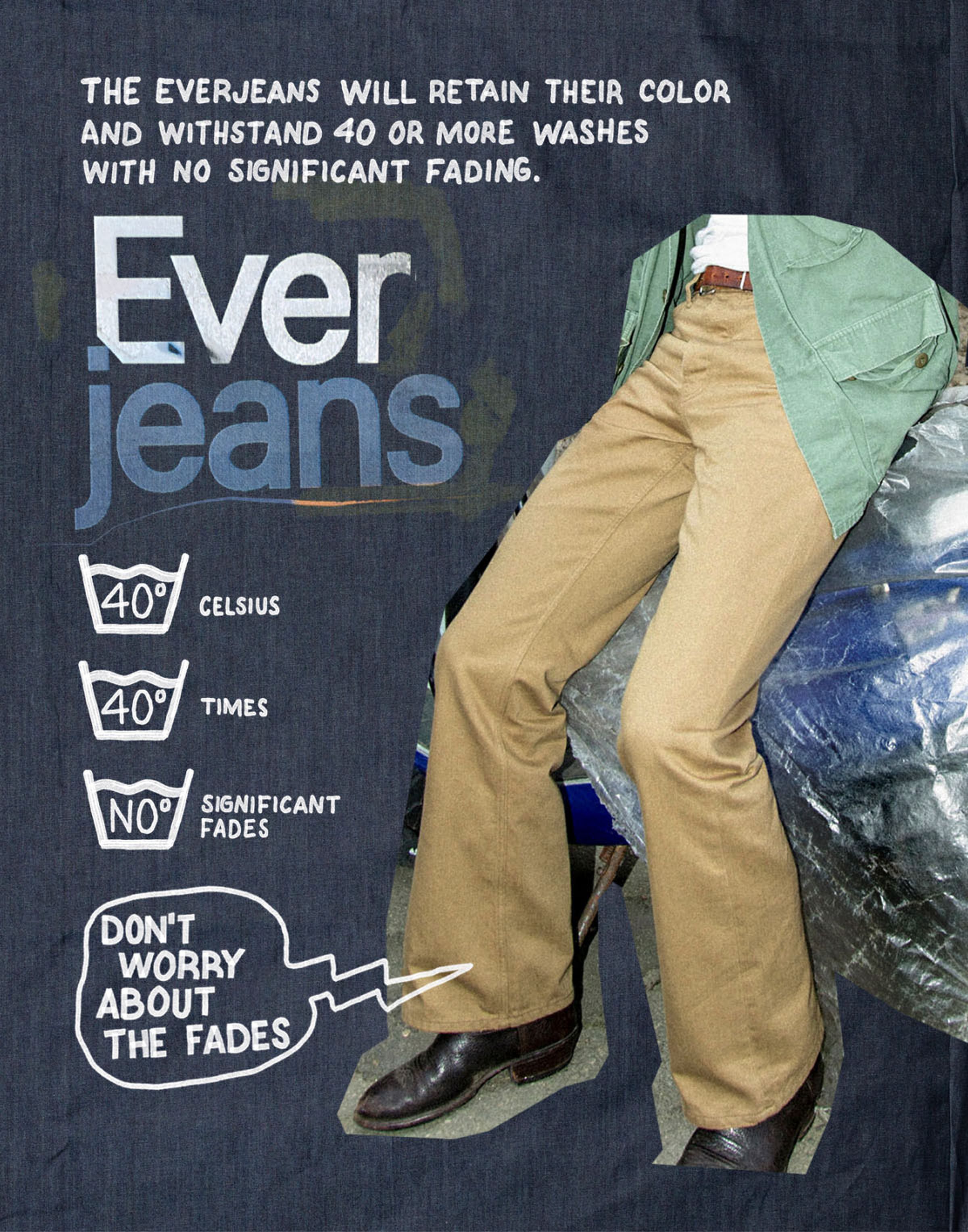 A collage of Ever Jeans advertisement with text about color retention and wash durability, featuring jeans and a mannequin's legs.