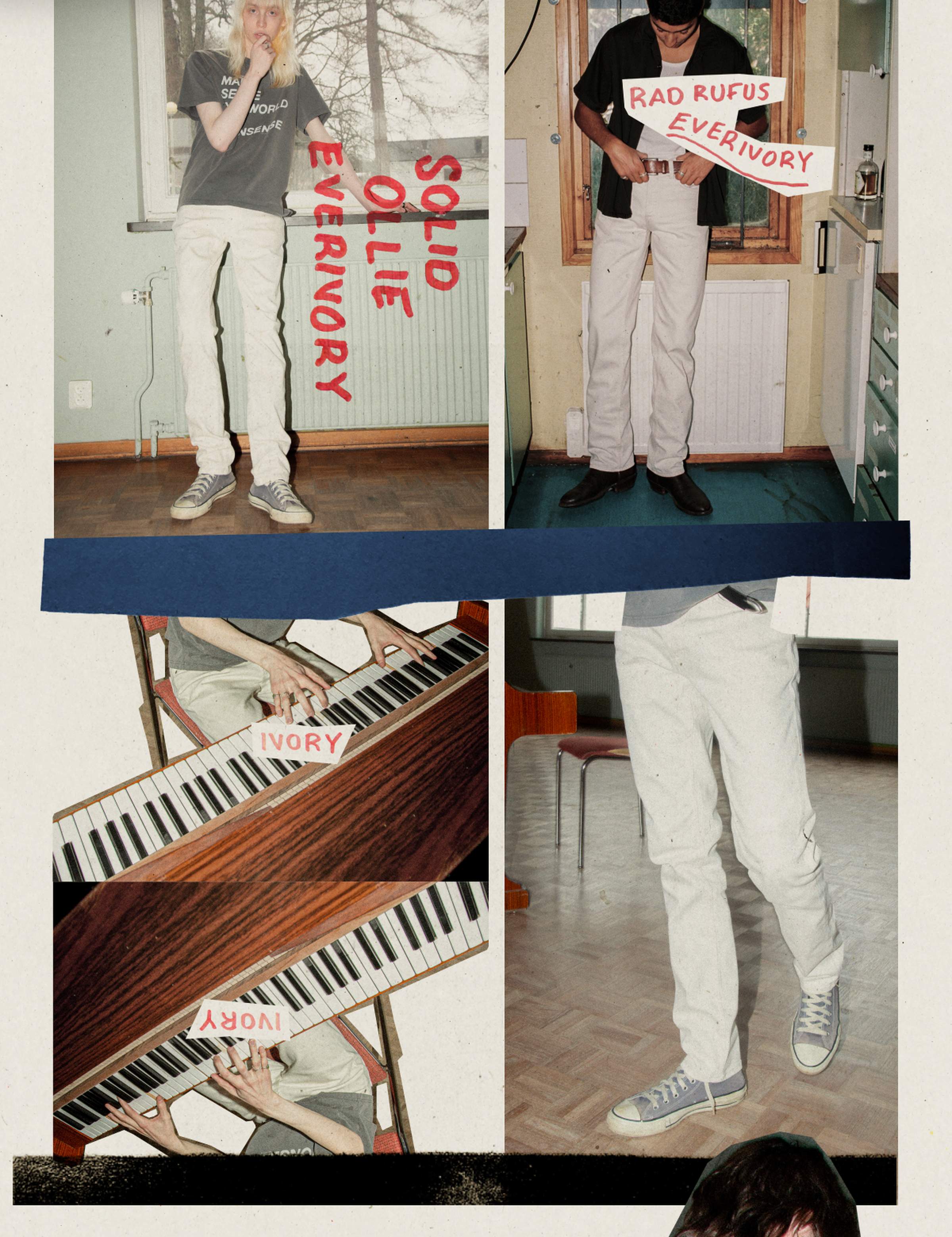 Nudie Jeans Everivory collage with Solid Ollie and Rad Rufus in off-white jeans, piano keys, and red handwritten text.