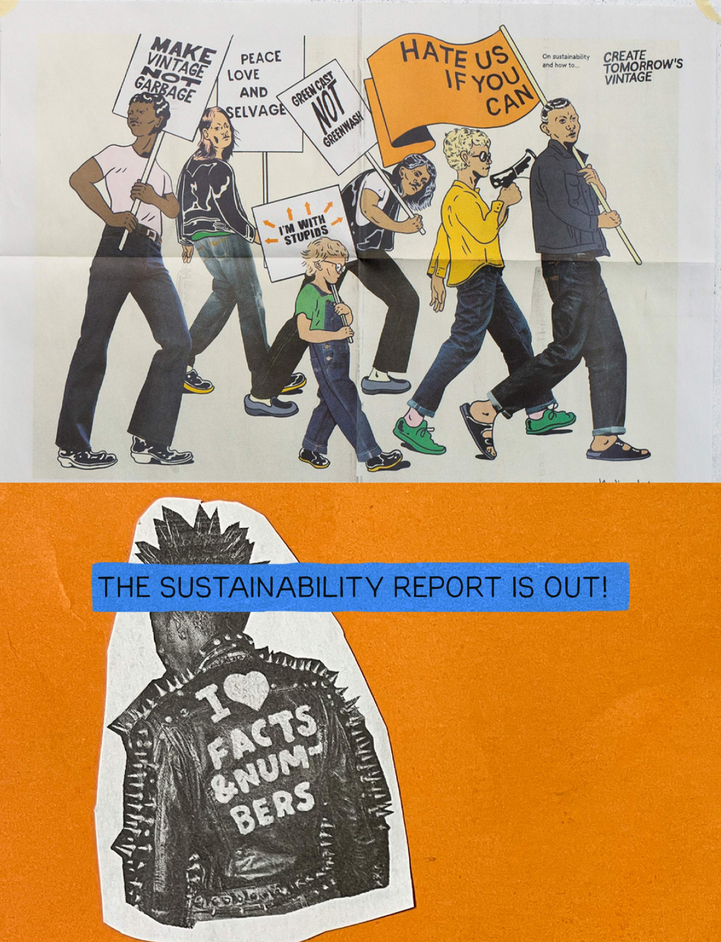 A cutout of a punk jacket with "I ❤️ Facts & Numbers" on an orange background, text about sustainability and repair statistics. Sustainability report 2024