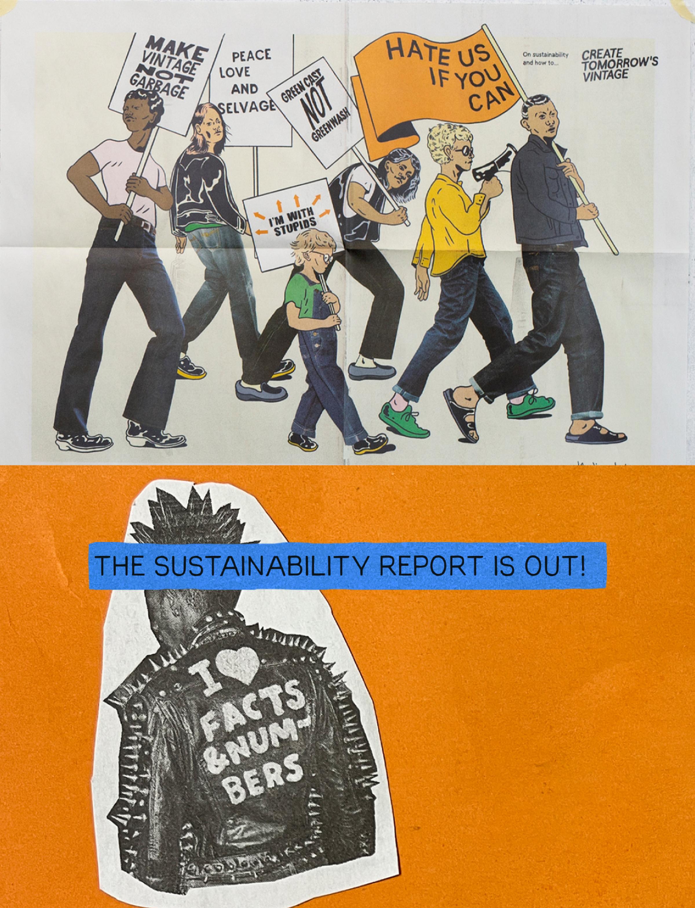 A cutout of a punk jacket with "I ❤️ Facts & Numbers" on an orange background, text about sustainability and repair statistics. Sustainability report 2024