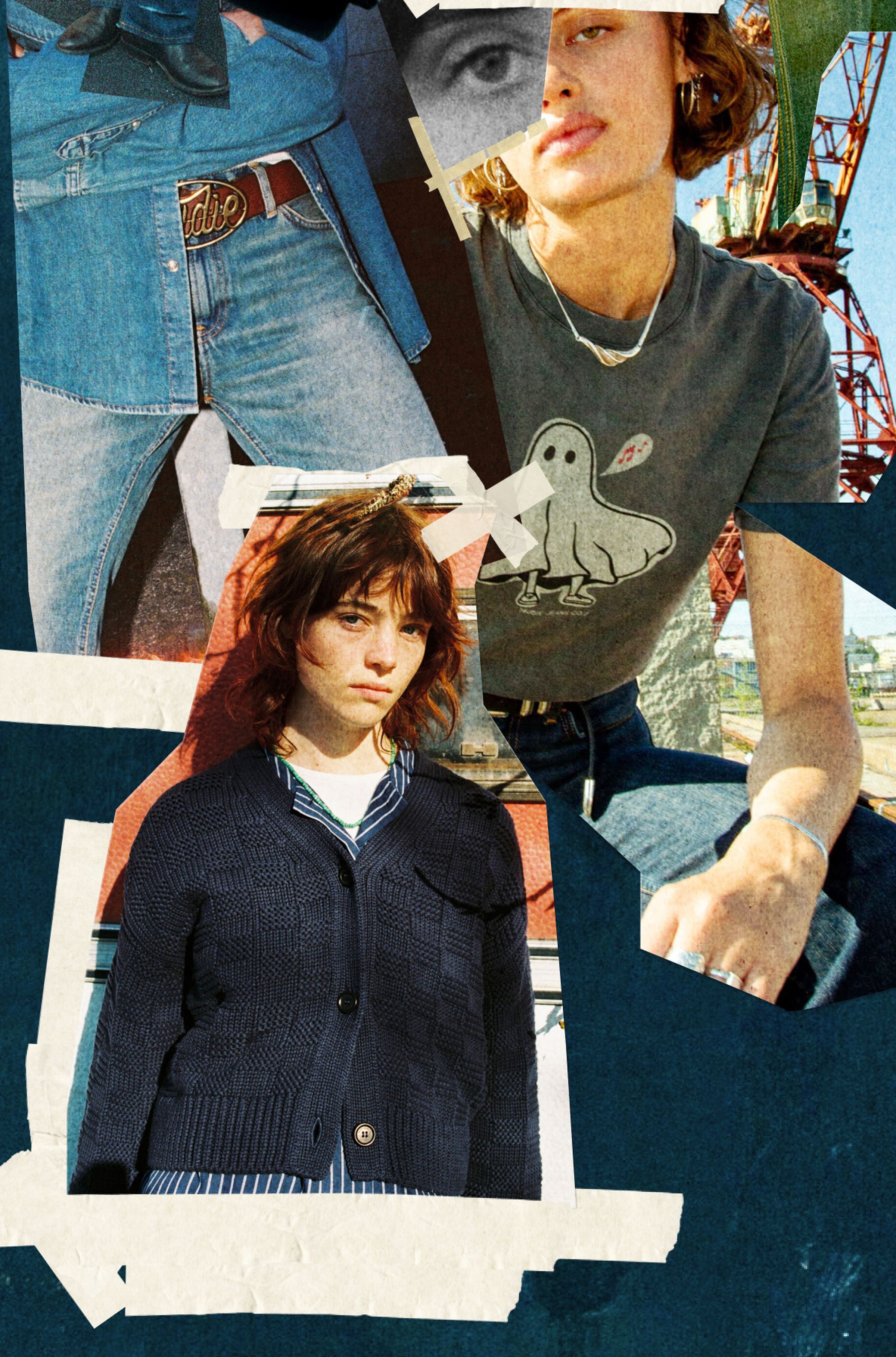 Collage of women in denim and boots with large orange "NEWS" text, taped photos and close-up of jeans back pocket and tattooed arms.