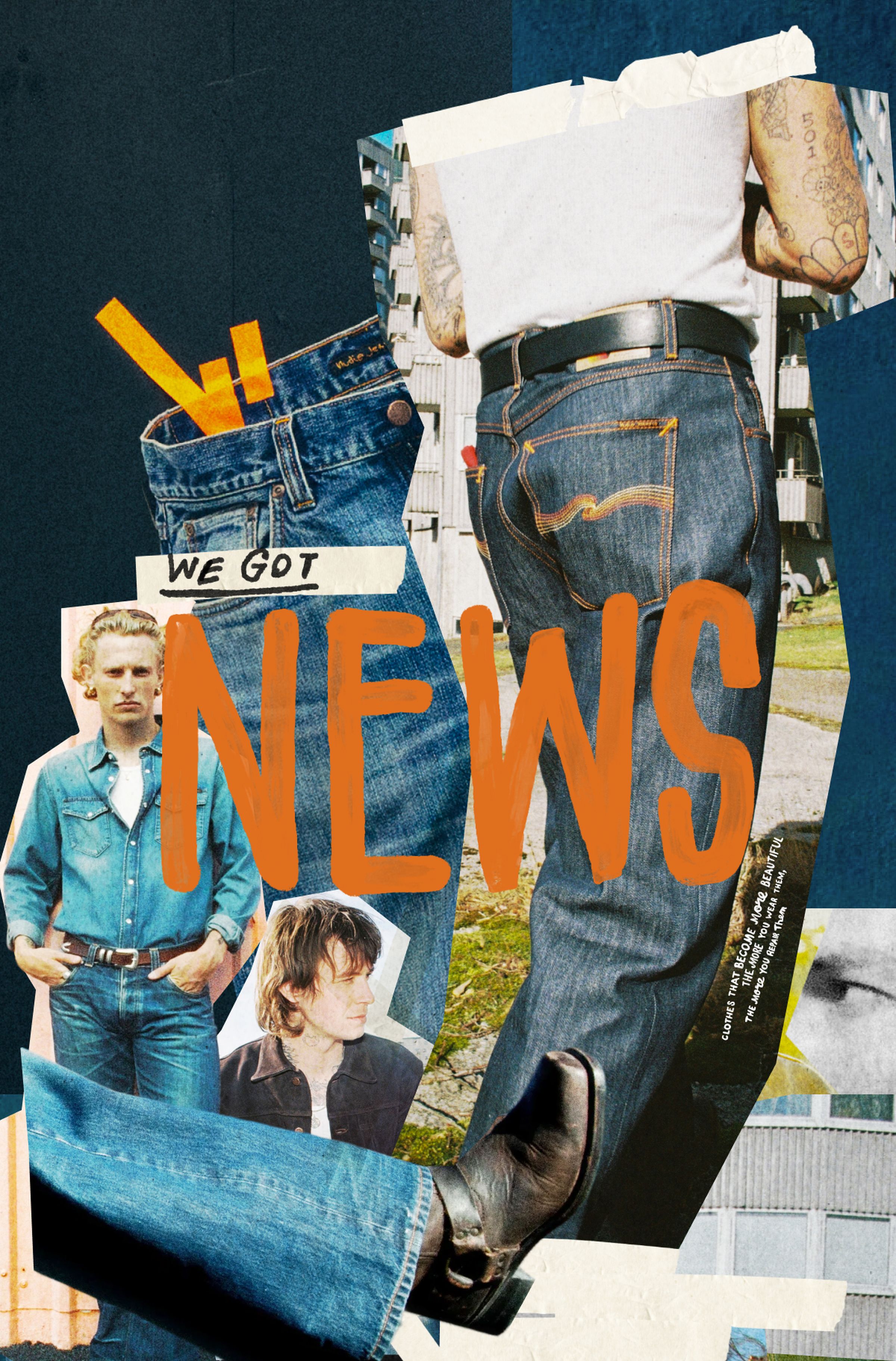 Collage of men in denim and boots with large orange "NEWS" text, taped photos and close-up of jeans back pocket and tattooed arms.