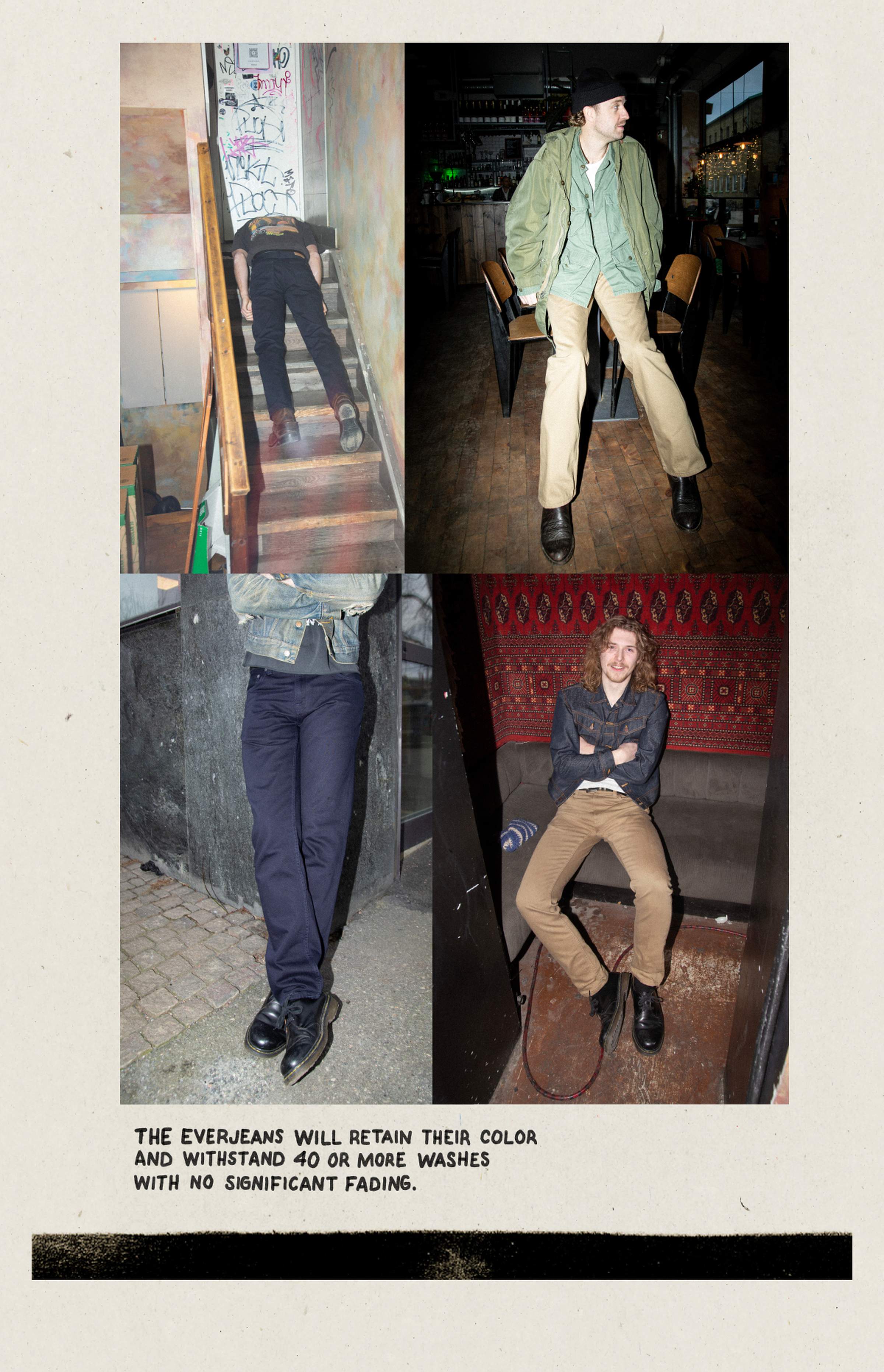 Four photos of models wearing Nudie Jeans Everjeans in black, khaki, and navy, with note on color retention.