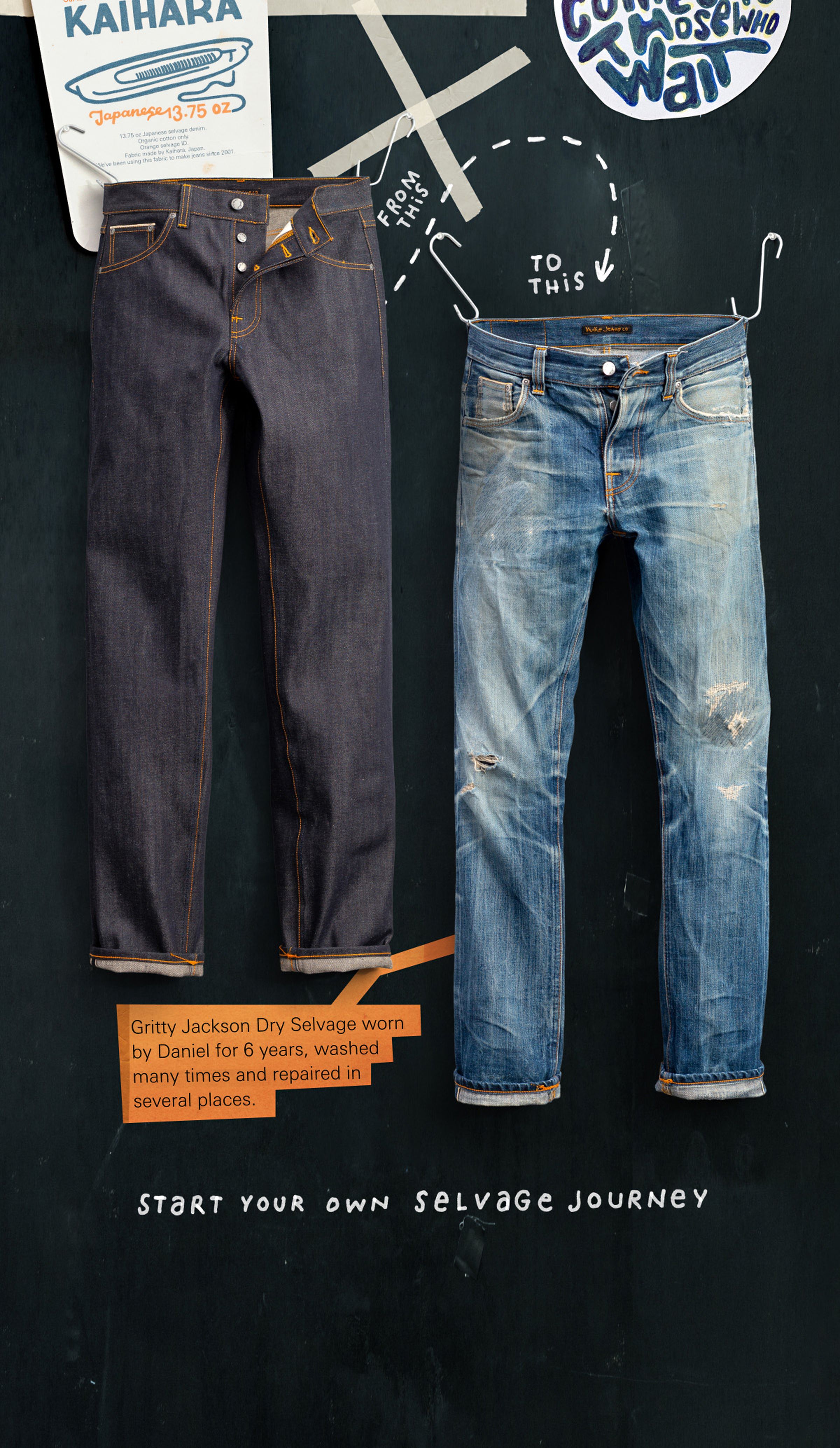 Two pairs of jeans on a chalkboard. Left: dark dry selvedge jeans. Right: worn, repaired jeans. Text: "Start your own selvage journey."