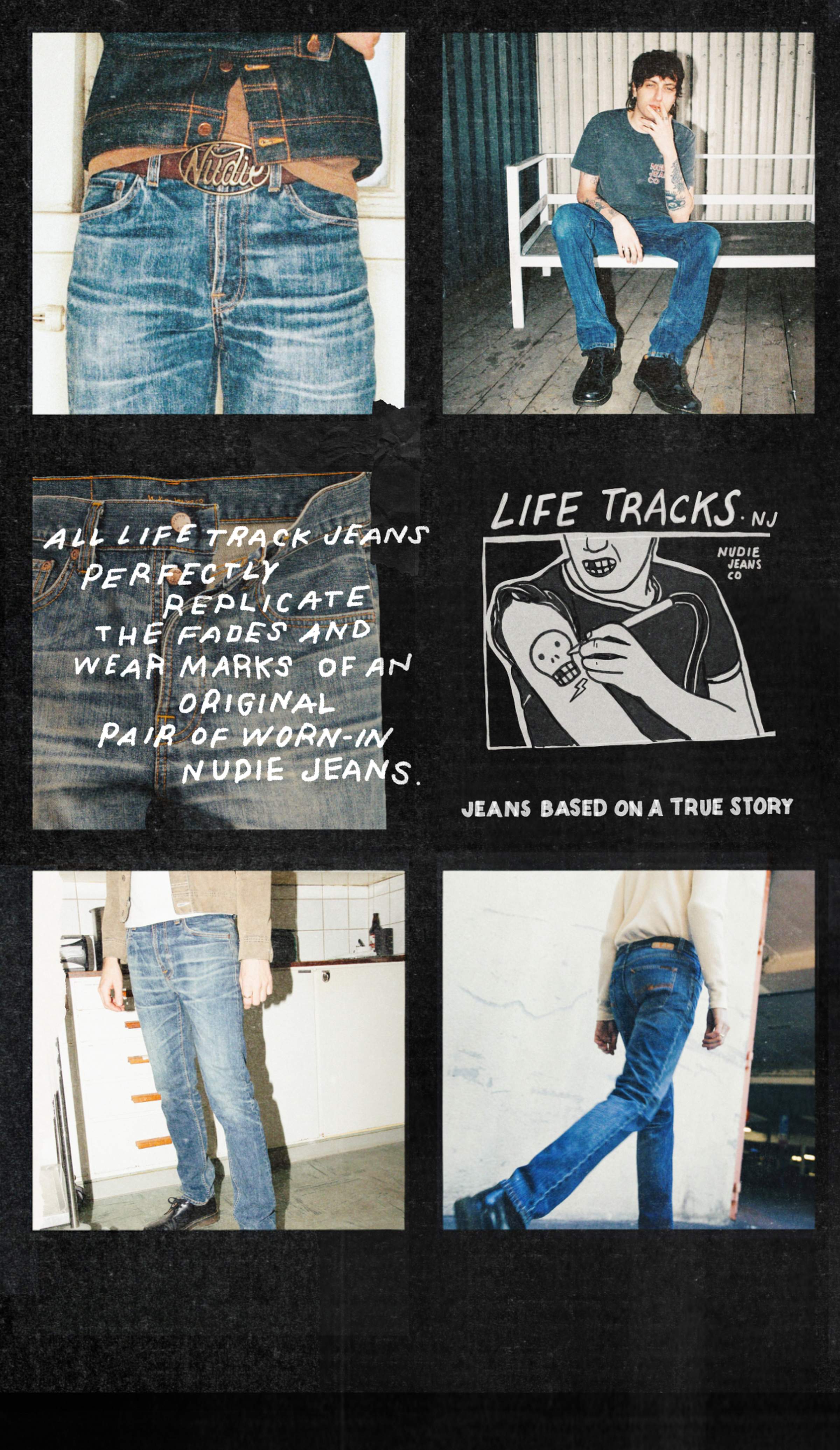 Collage featuring individuals wearing faded jeans, text about replicating original wear marks, and a stylized illustration.