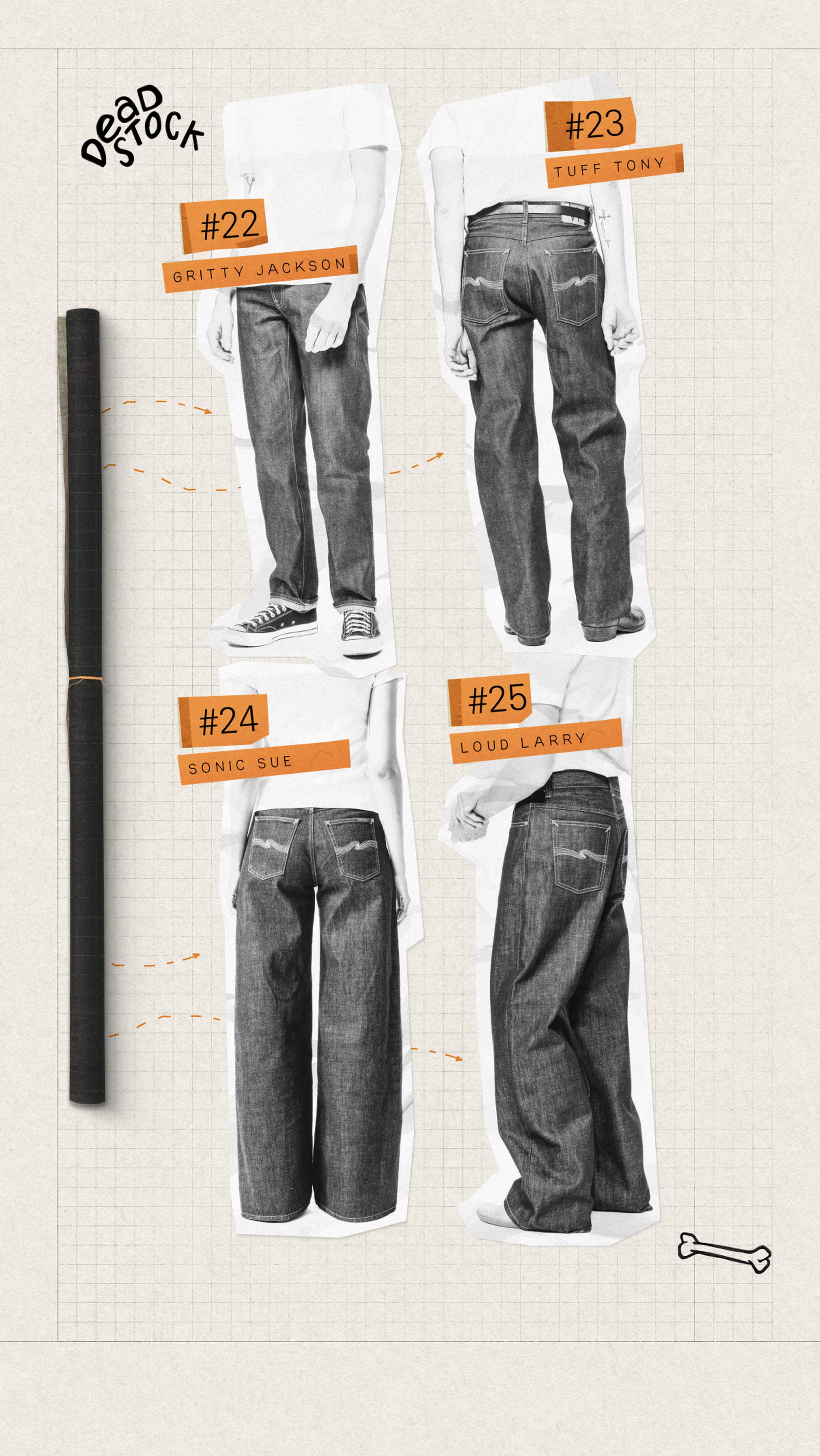 Collage of four jean styles labeled #22-25, with names: Gritty Jackson, Tuff Tony, Sonic Sue, Loud Larry. Each features different fits.