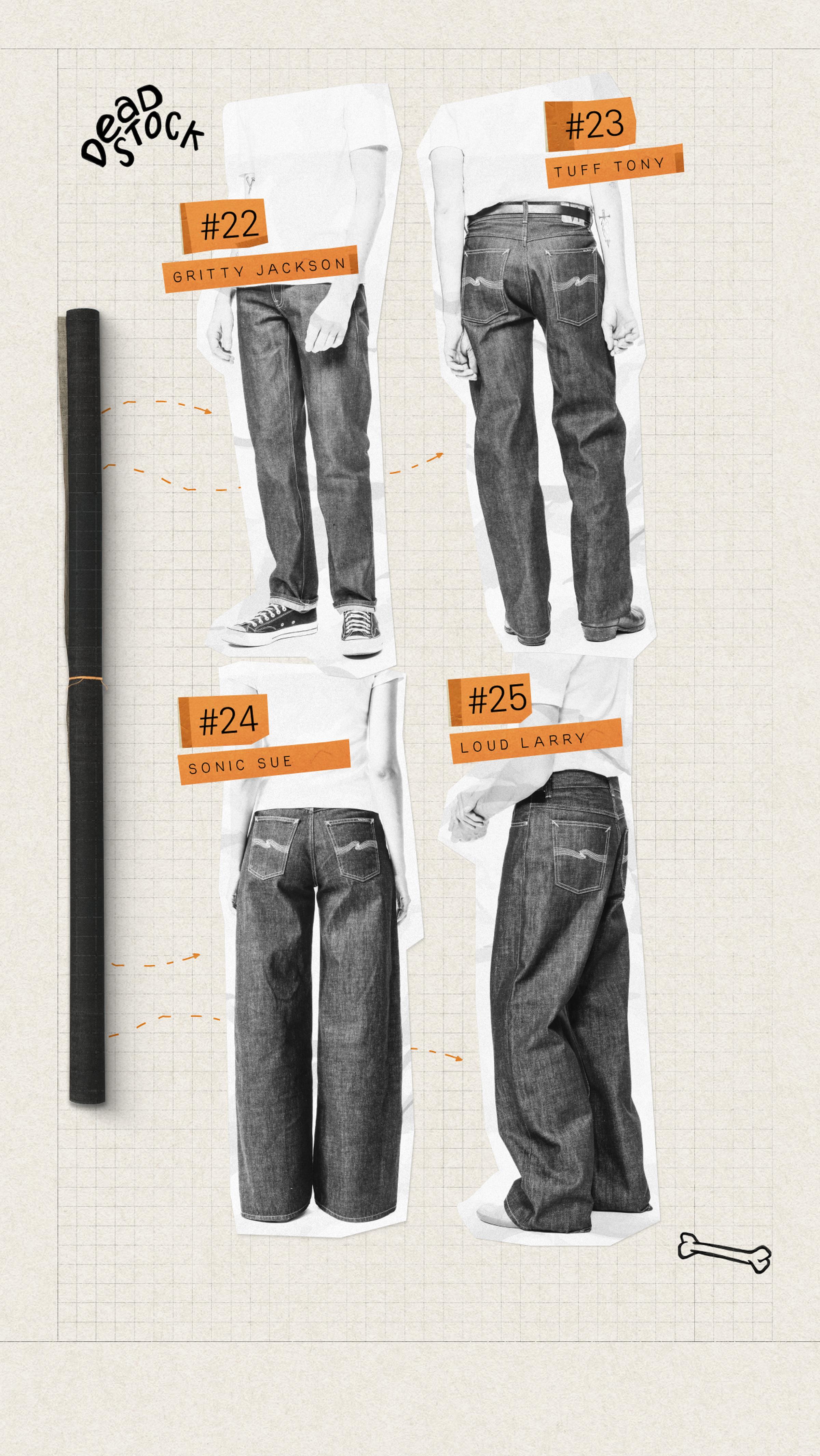 Collage of four jean styles labeled #22-25, with names: Gritty Jackson, Tuff Tony, Sonic Sue, Loud Larry. Each features different fits.