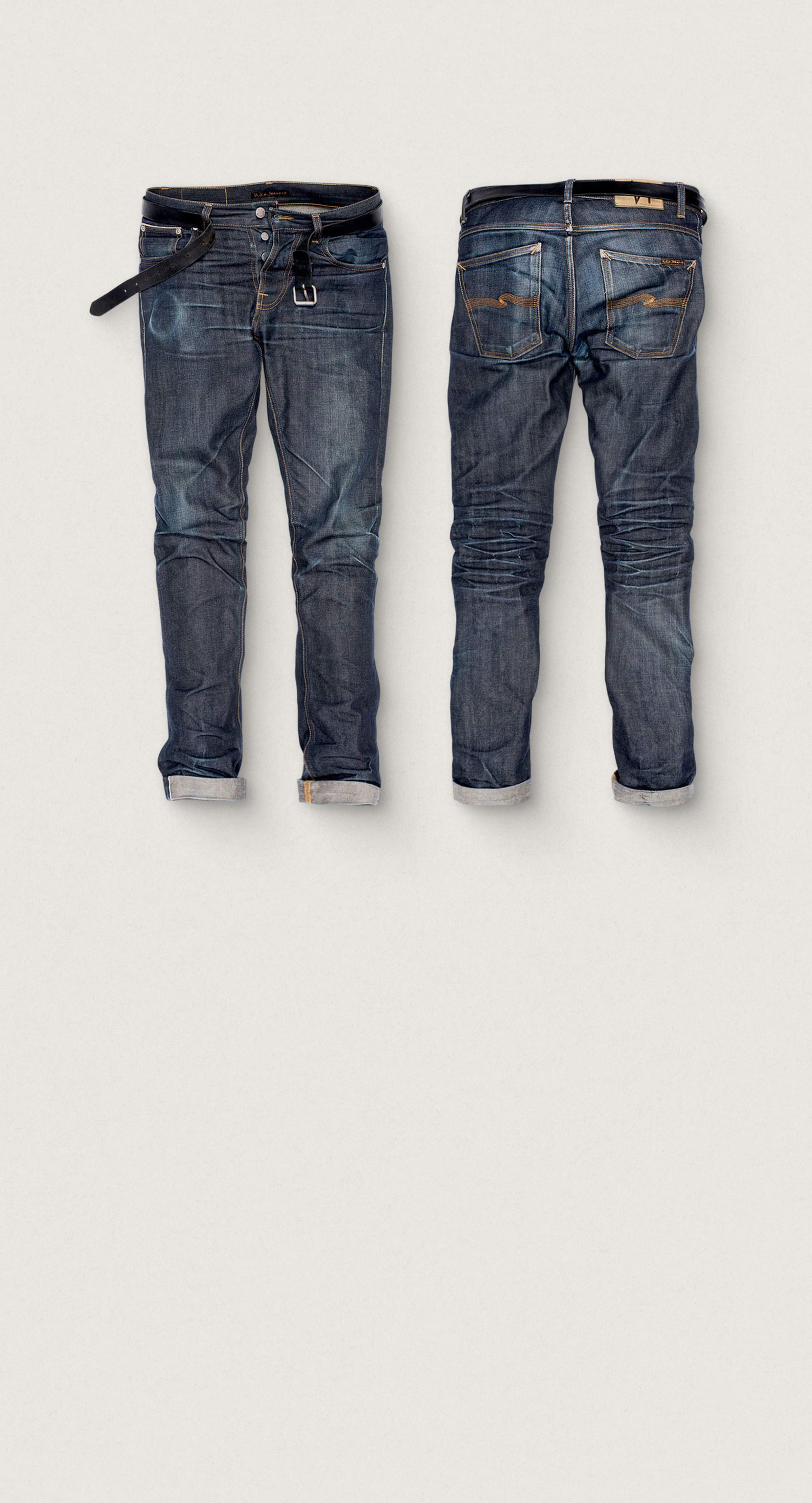 Front and back view of dark blue denim jeans with rolled cuffs and a black belt, displayed on a light gray background.