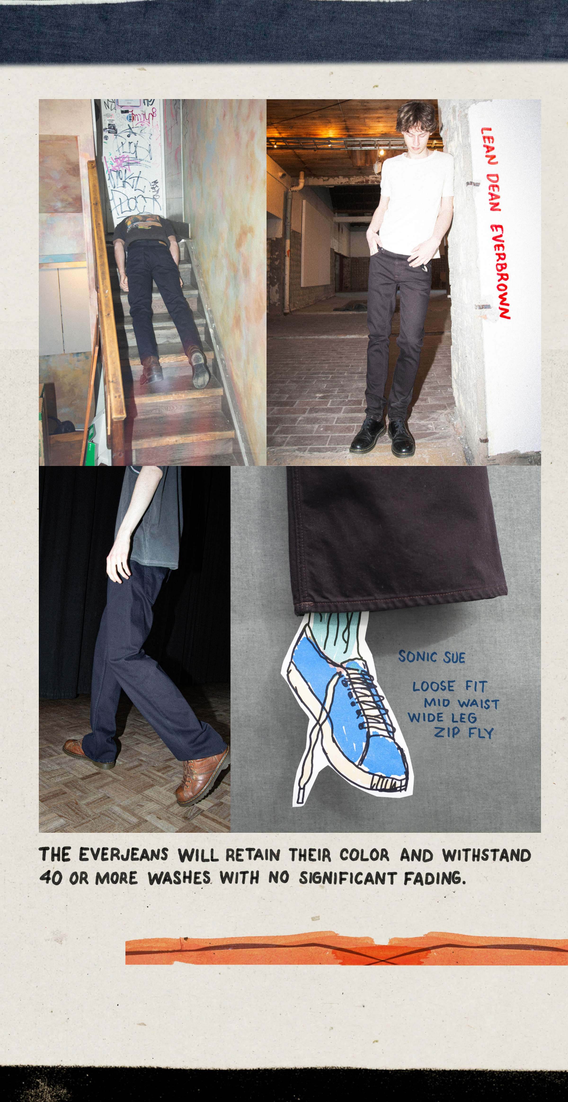 Nudie Jeans Everjeans collage featuring Lean Dean Everbrown and Sonic Sue loose fit, retains color after 40+ washes.