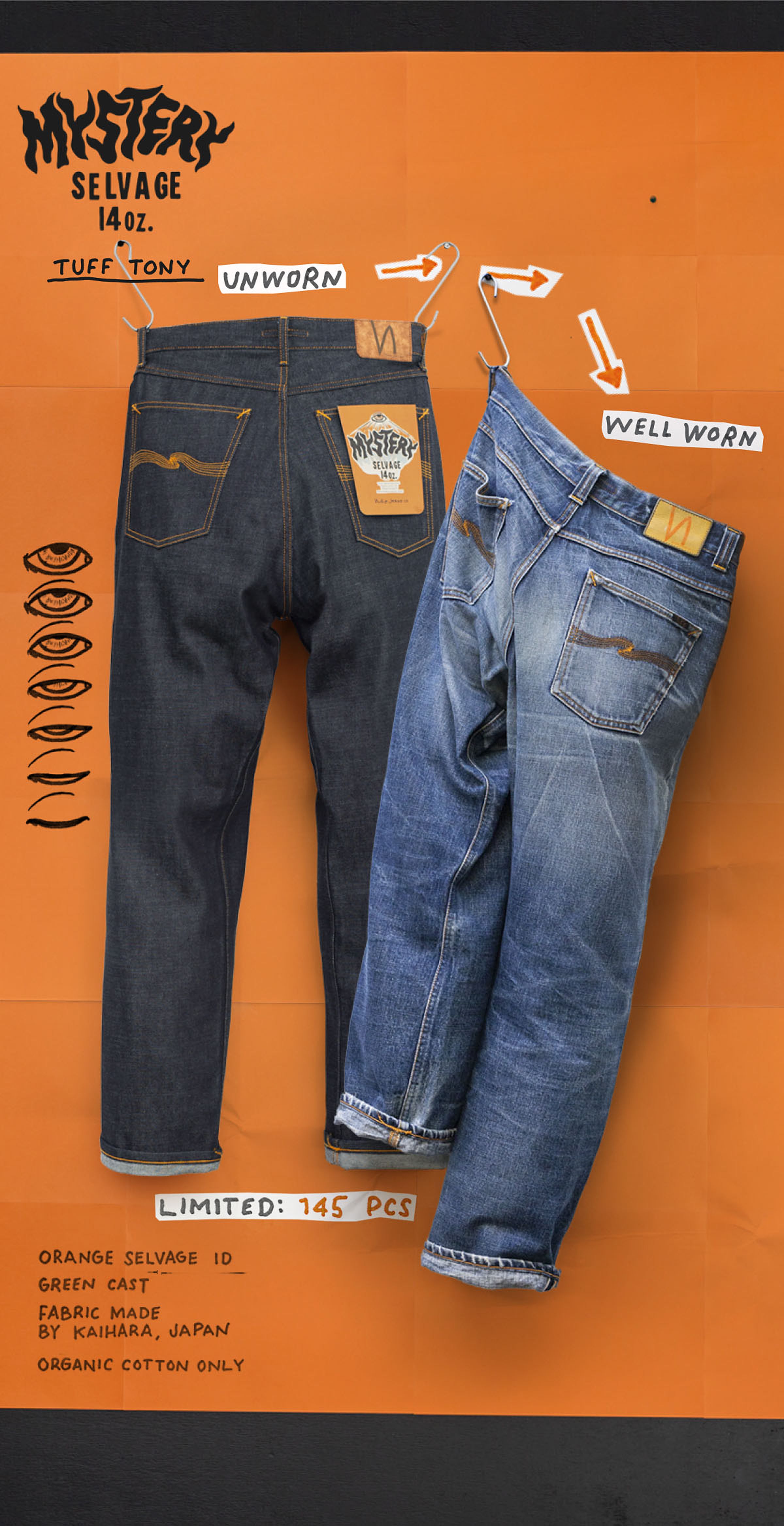 Two pairs of jeans on hangers: one dark and unworn, the other faded and well-worn, displayed on an orange background with text details.