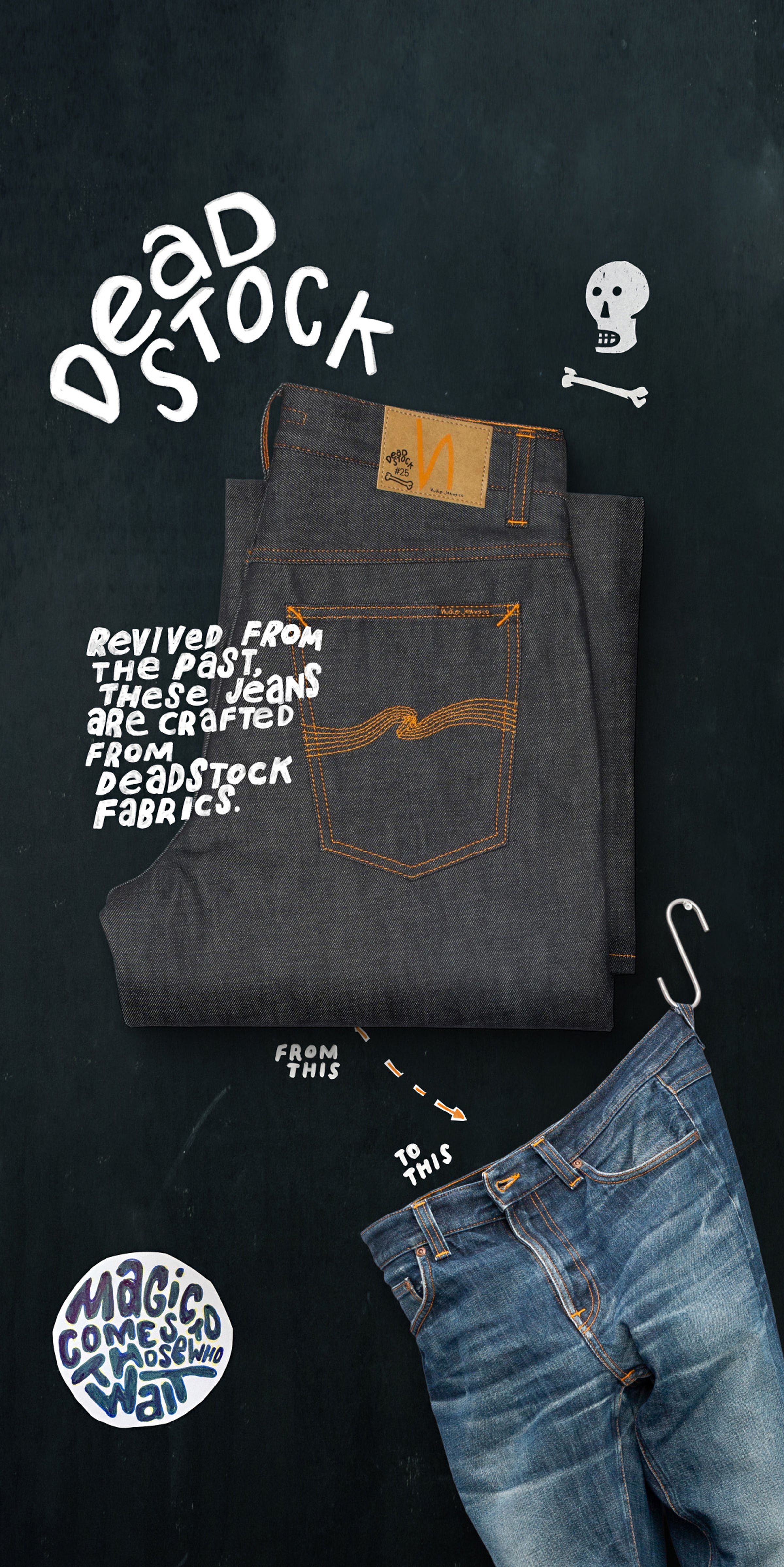 Two pairs of jeans, one new and one worn. Text reads "Deadstock" and "Revived from the past, these jeans are crafted from deadstock fabrics."