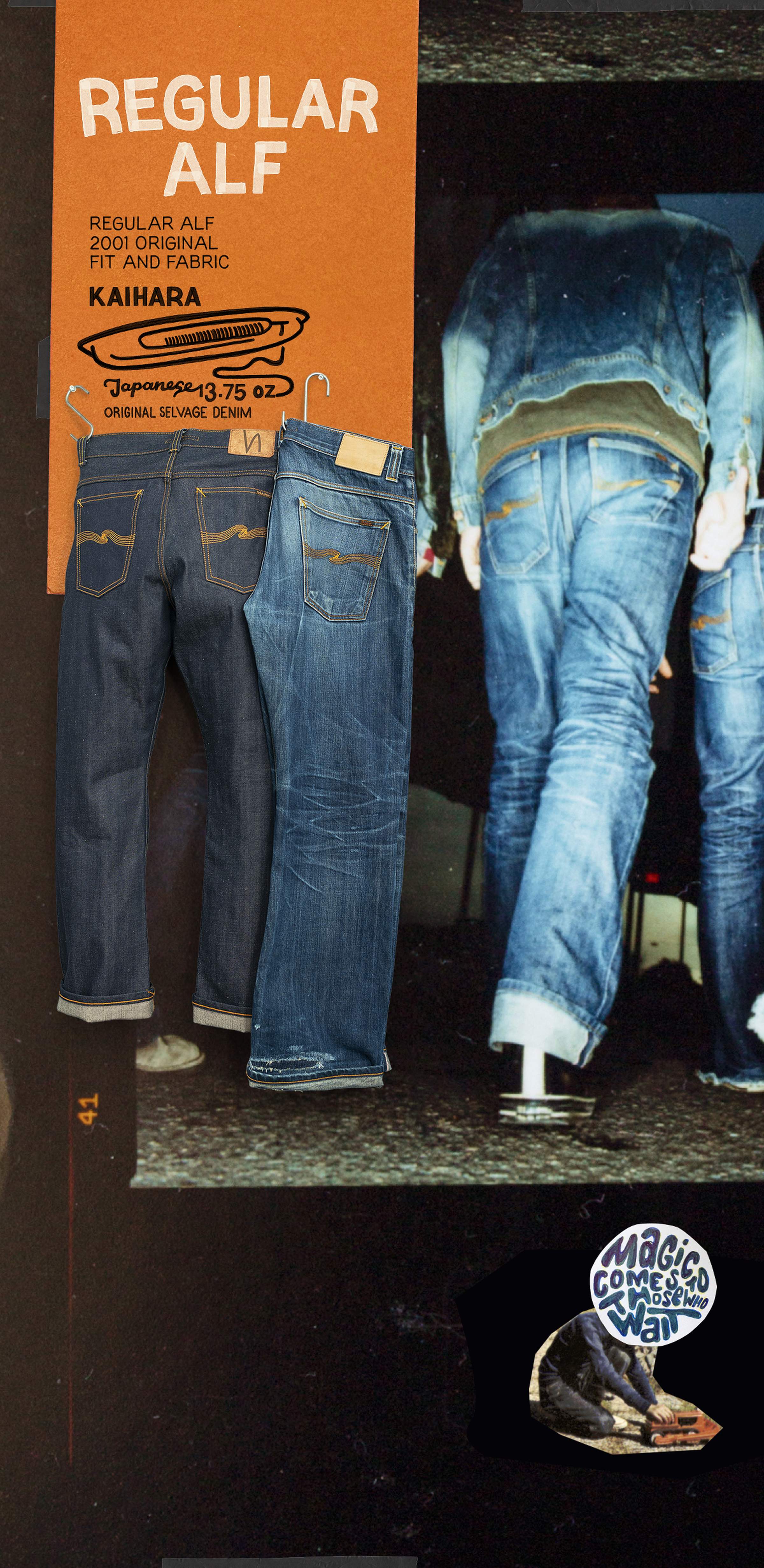 Two pairs of blue jeans hang against a brown background with text, overlaid on a photo of people wearing jeans.