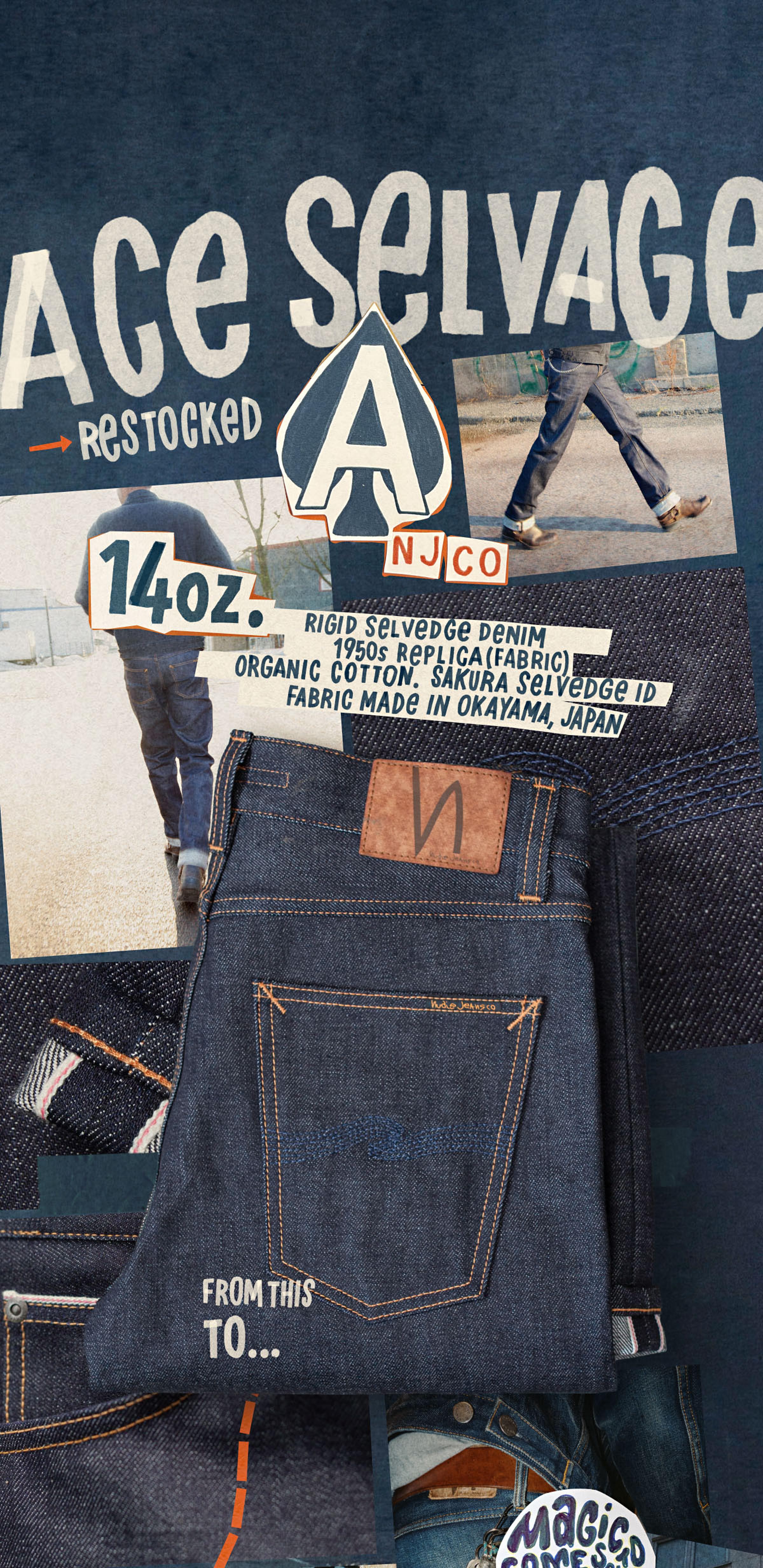 Blue jeans with brown leather patch on display, surrounded by text about raw denim, fabric details, and images of people wearing jeans.