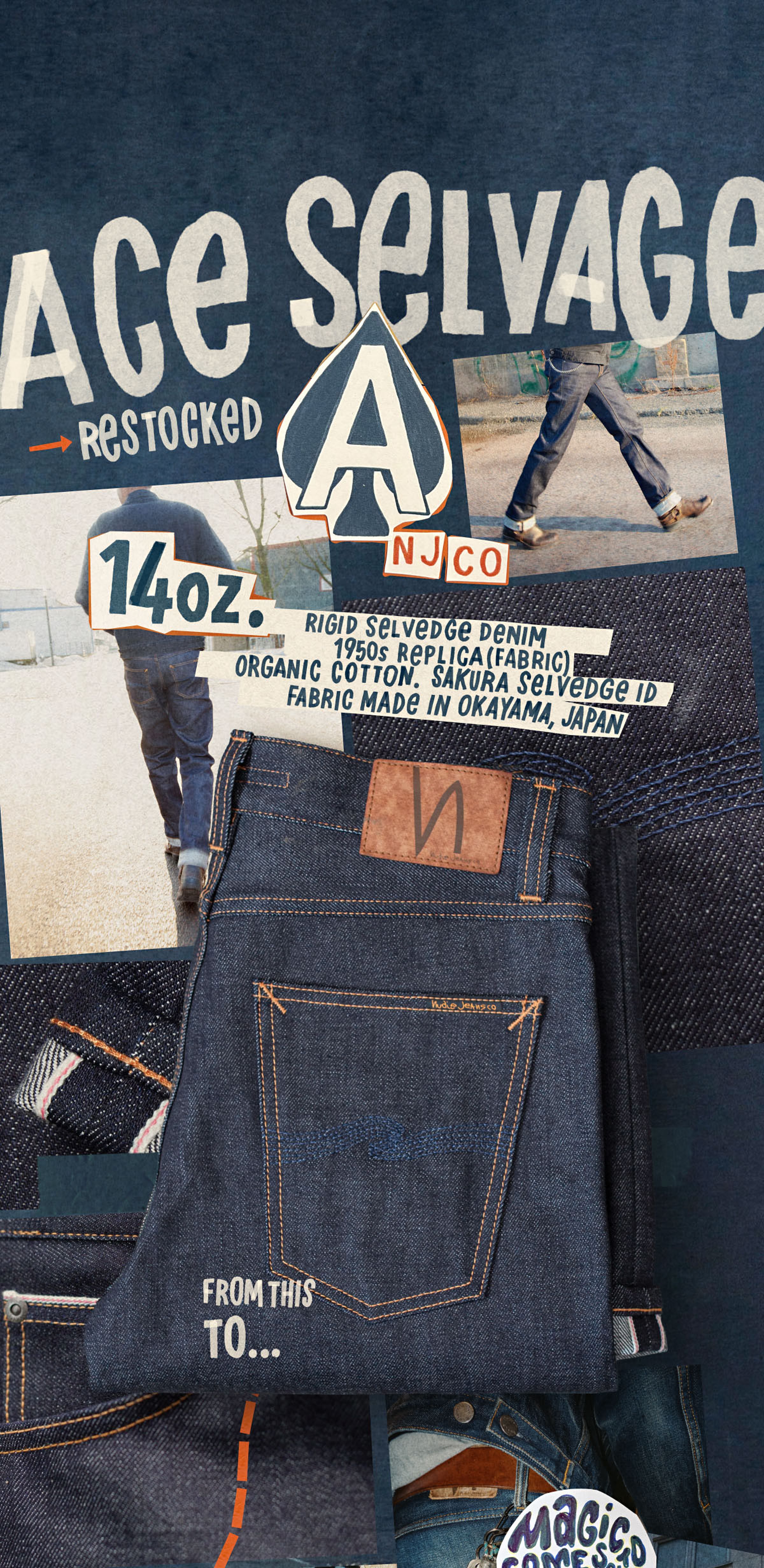 Blue jeans with brown leather patch on display, surrounded by text about raw denim, fabric details, and images of people wearing jeans.