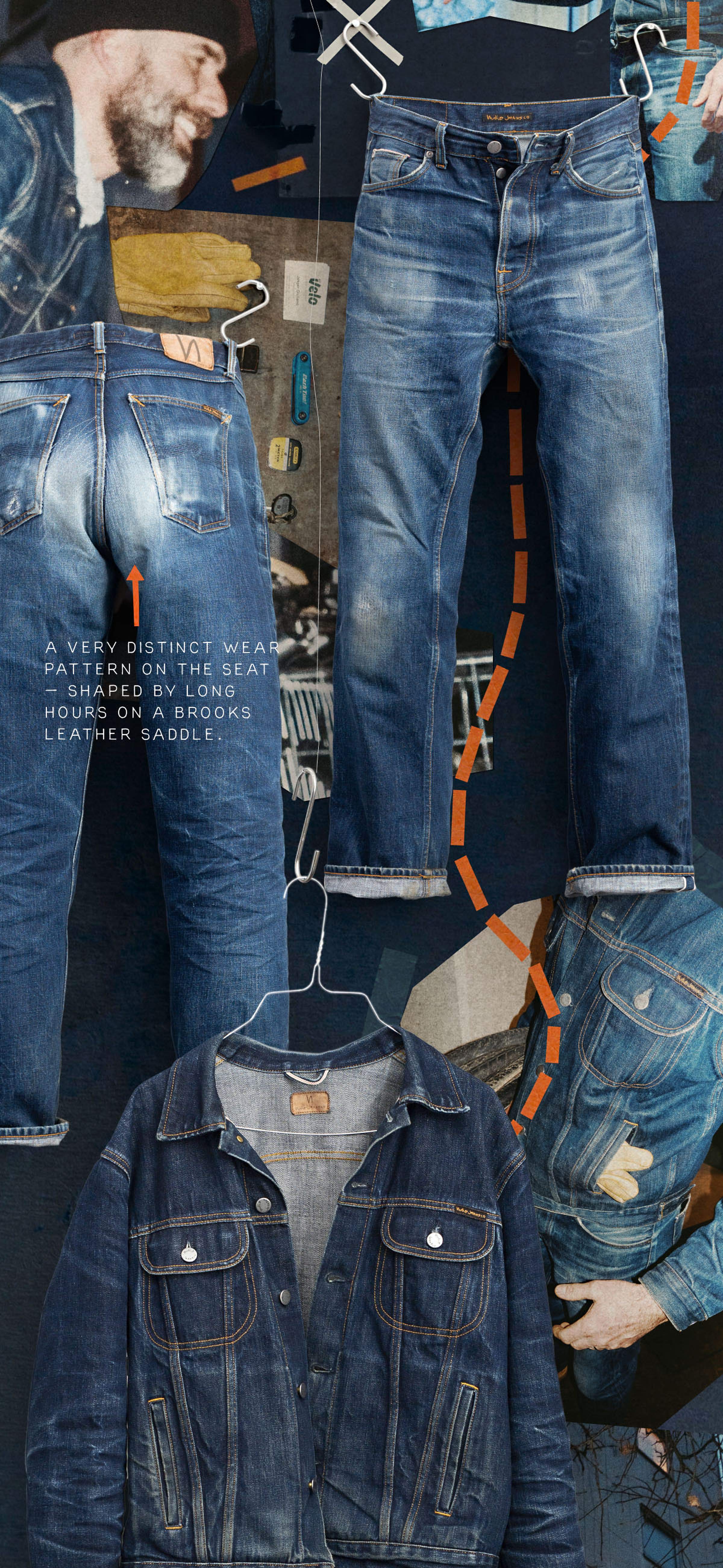 Denim jacket and jeans on hangers with gloves and vintage accessories in the background, featuring distinct wear patterns and stitching details.