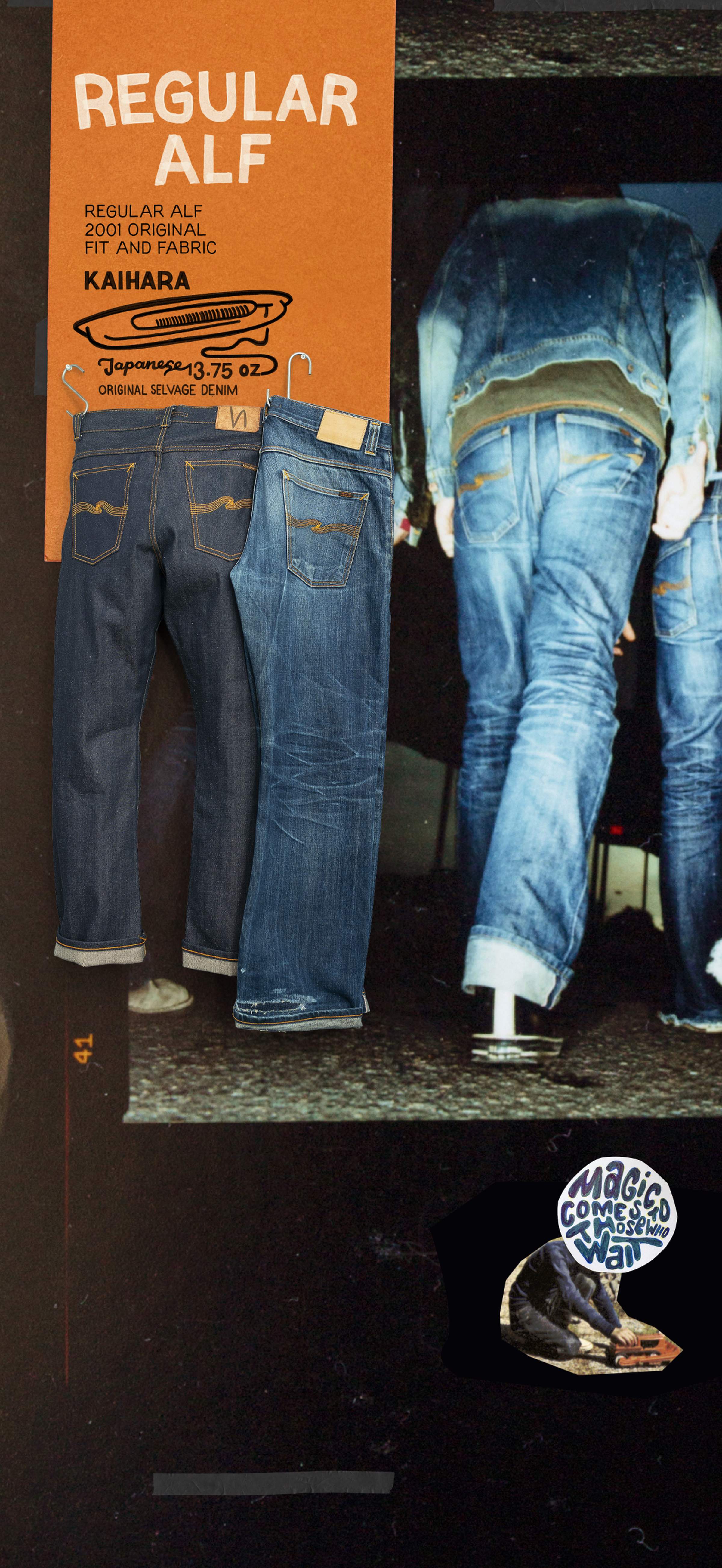 Jeans advertisement featuring two denim pairs, a person wearing jeans walking, and text about "Regular Alf" Japanese 13.75 oz selvage denim.