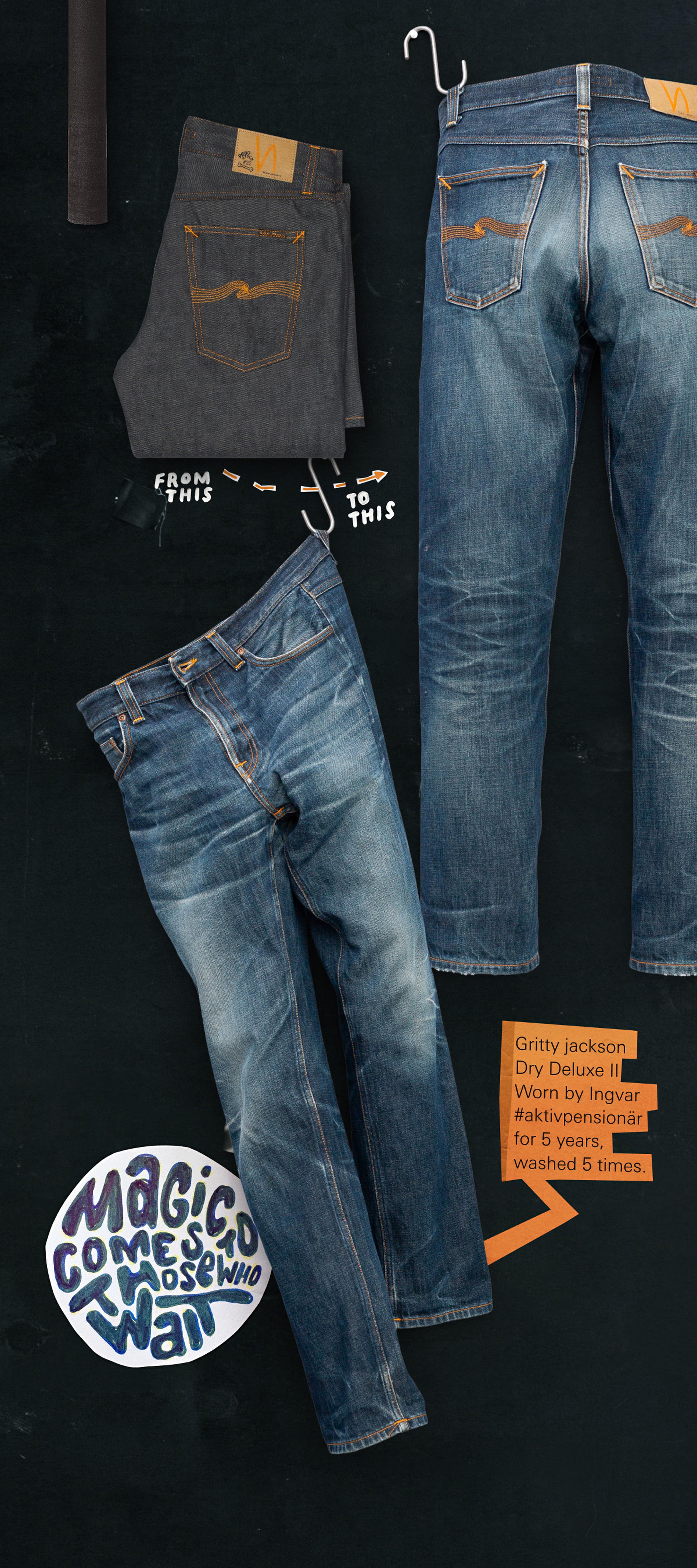 Three pairs of jeans displayed on a dark background, showing different stages of wear and wash, with text detailing their transformation.