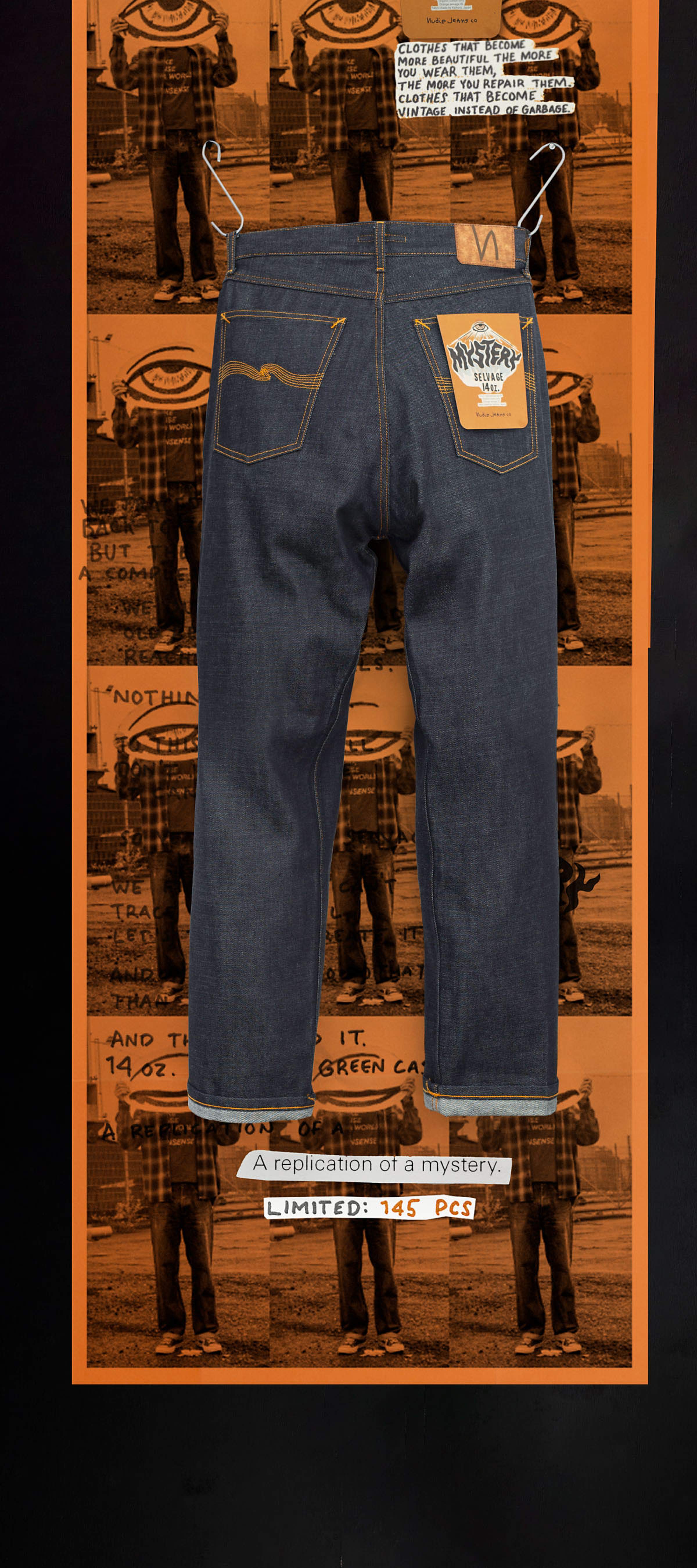 Dark blue jeans displayed against an orange background with black-and-white collage. Text reads "A replication of a mystery. LIMITED: 145 PCS."