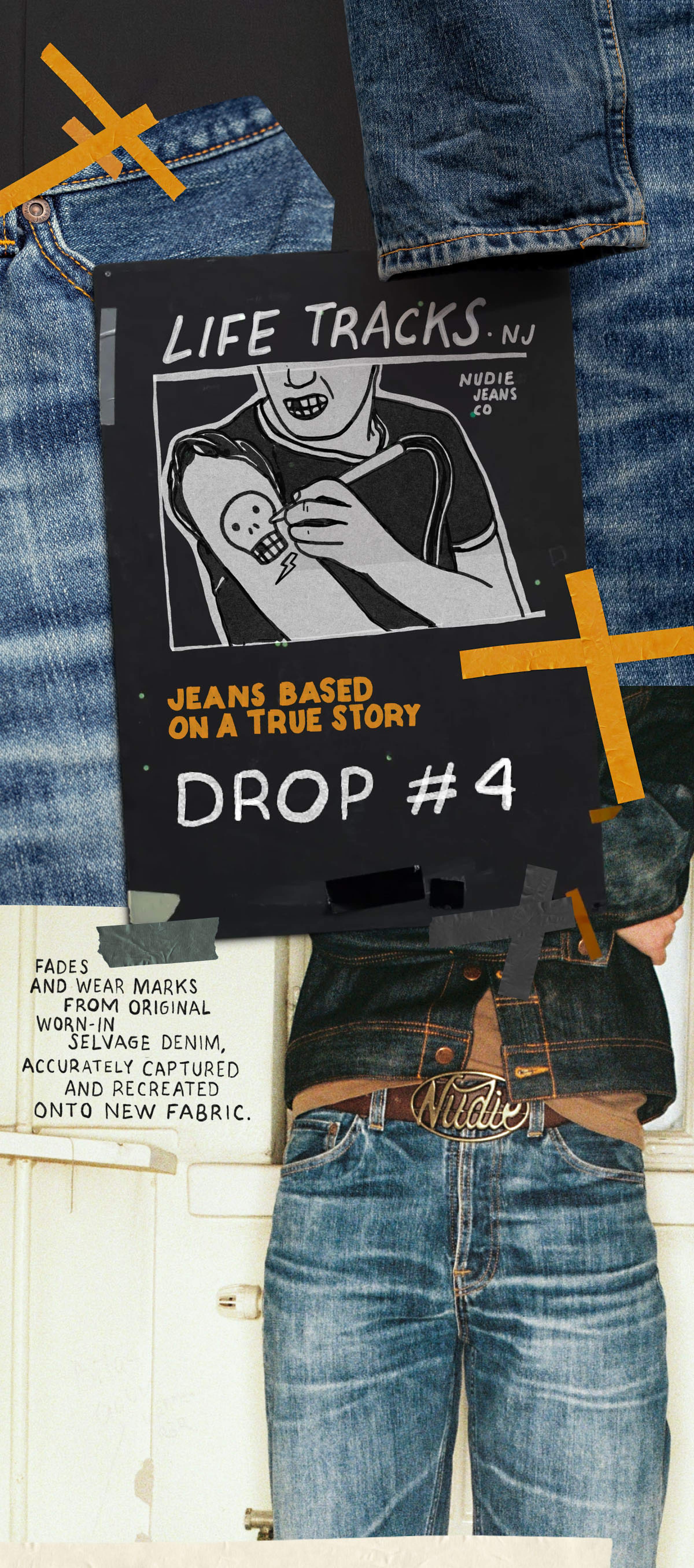 Collage showing jeans label art, "Life Tracks, NJ," and a close-up of faded jeans with text about vintage denim and fabric recreation.
