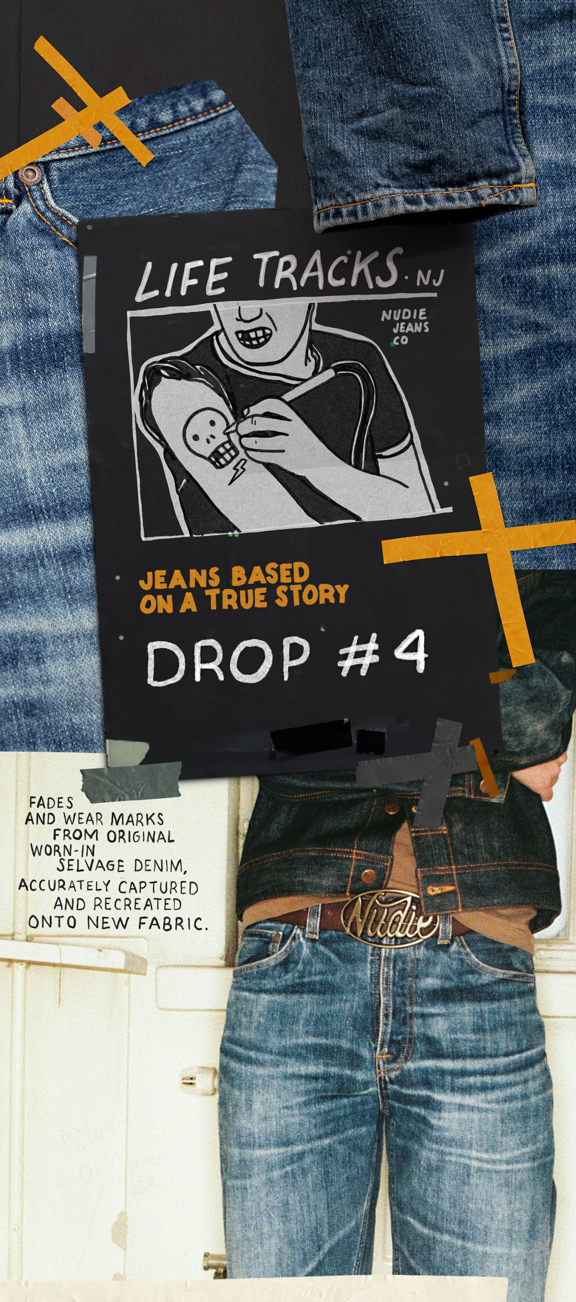 Collage showing jeans label art, "Life Tracks, NJ," and a close-up of faded jeans with text about vintage denim and fabric recreation.