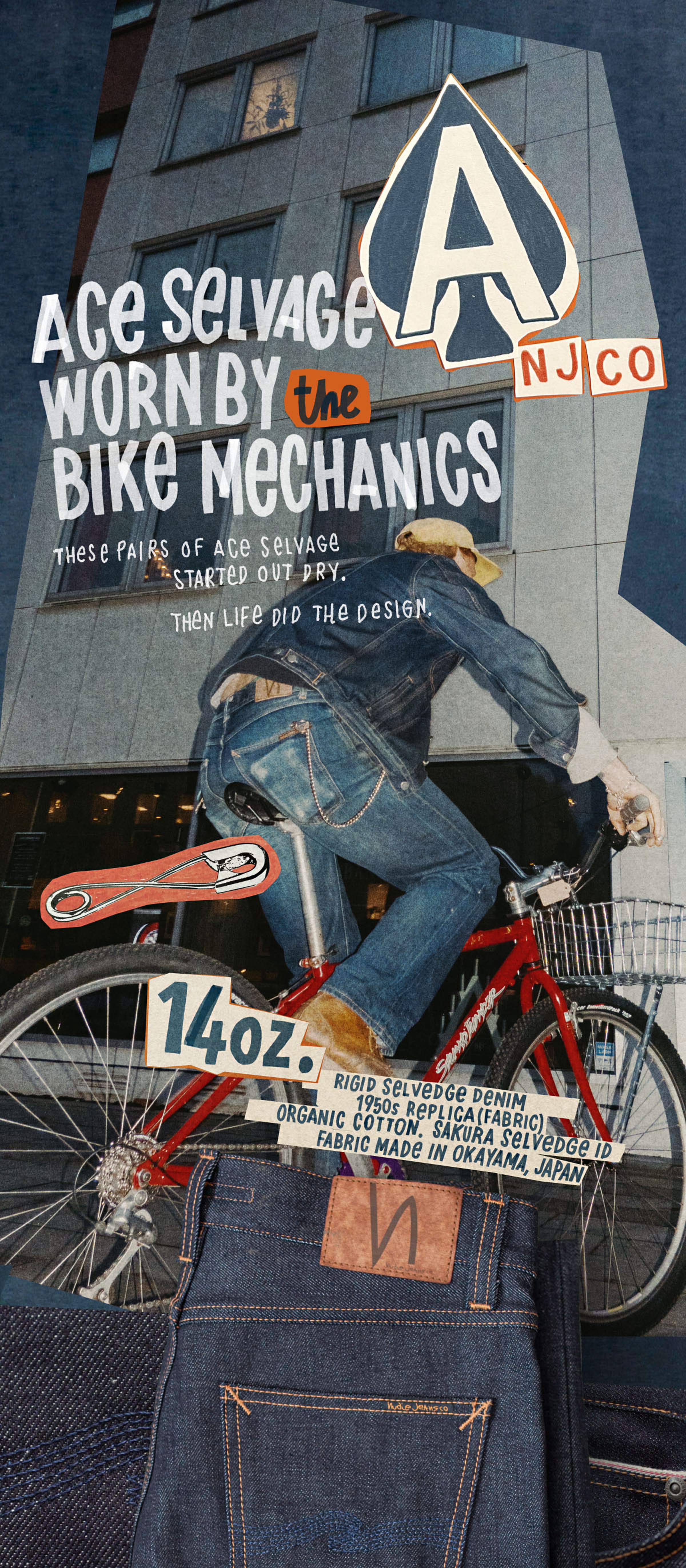Cyclist in denim rides a red bike against a backdrop promoting 14oz Ace Selvedge denim, made in Okayama, Japan.