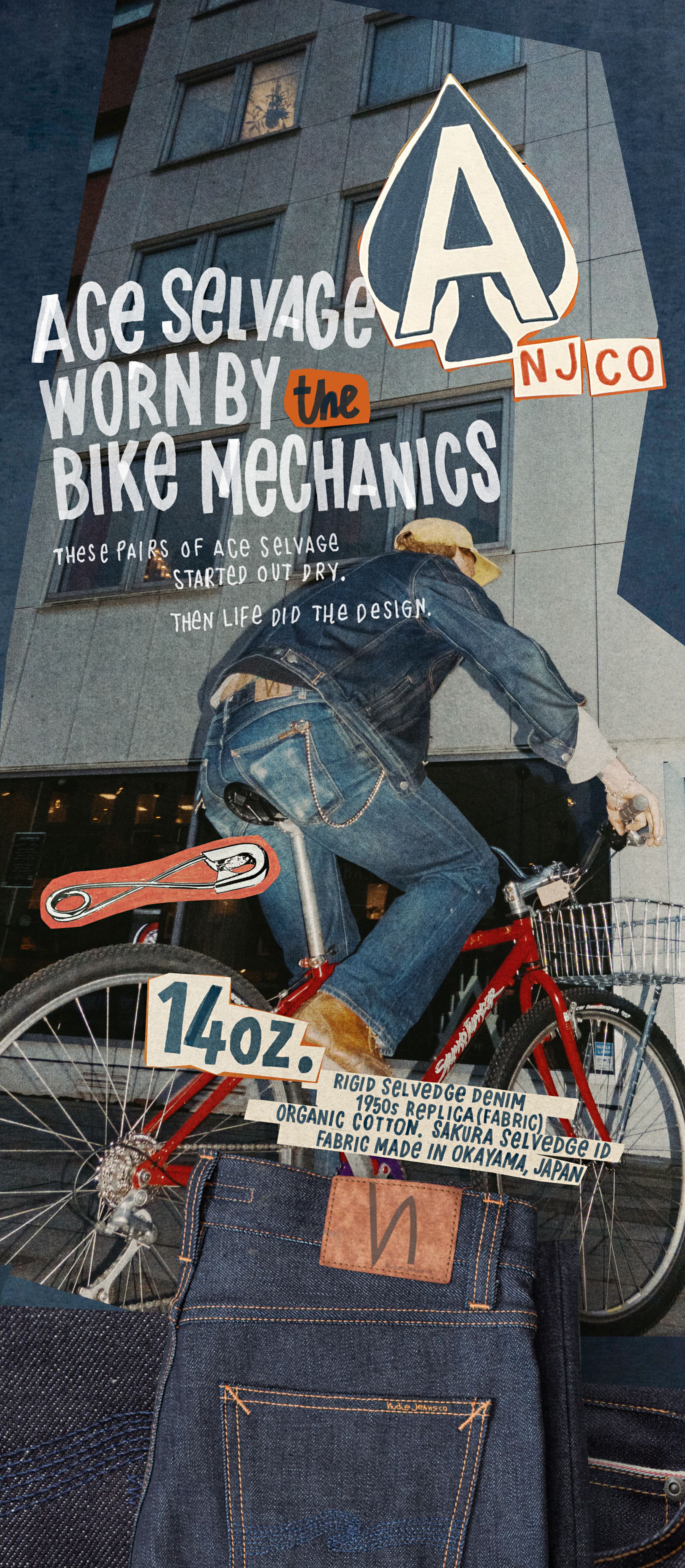 Cyclist in denim rides a red bike against a backdrop promoting 14oz Ace Selvedge denim, made in Okayama, Japan.