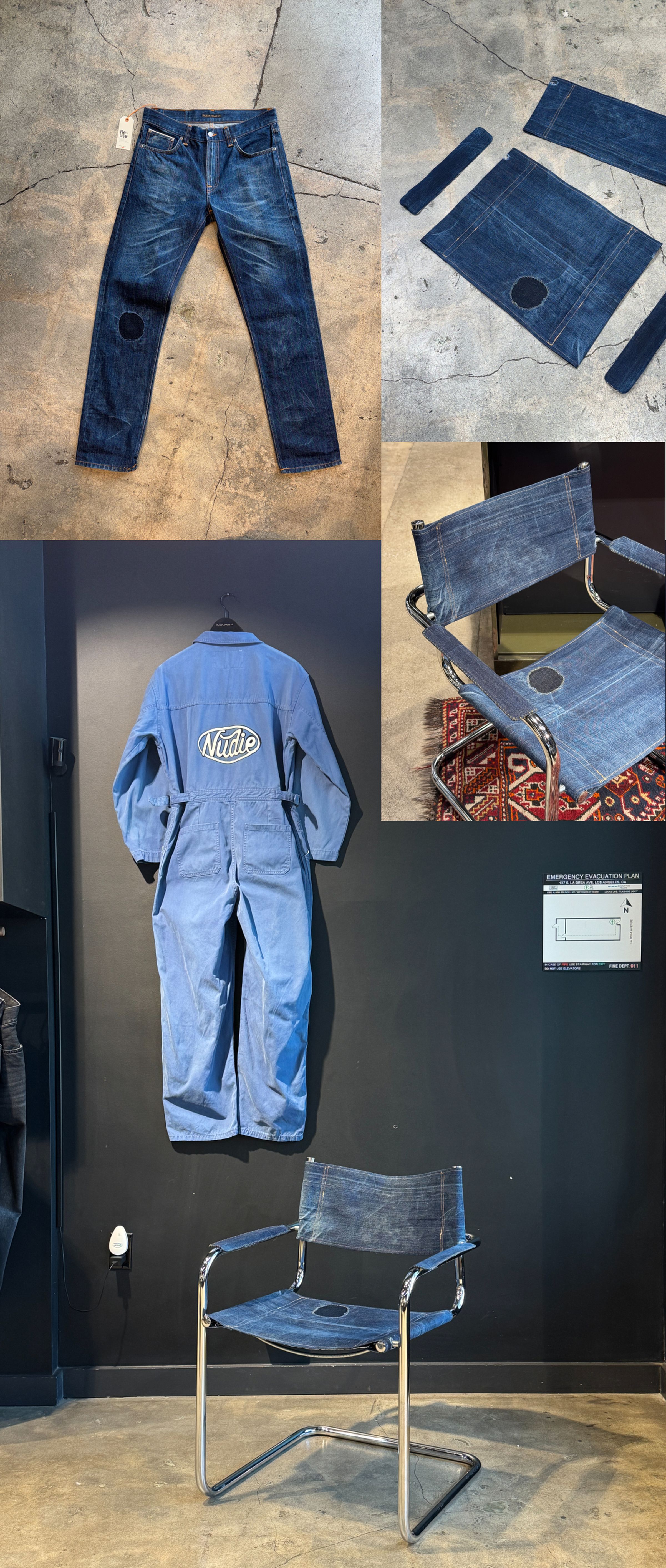 Denim jeans, jumpsuit, and chair seat with blue patches. Includes cloth cutouts and a chair with a chrome frame.