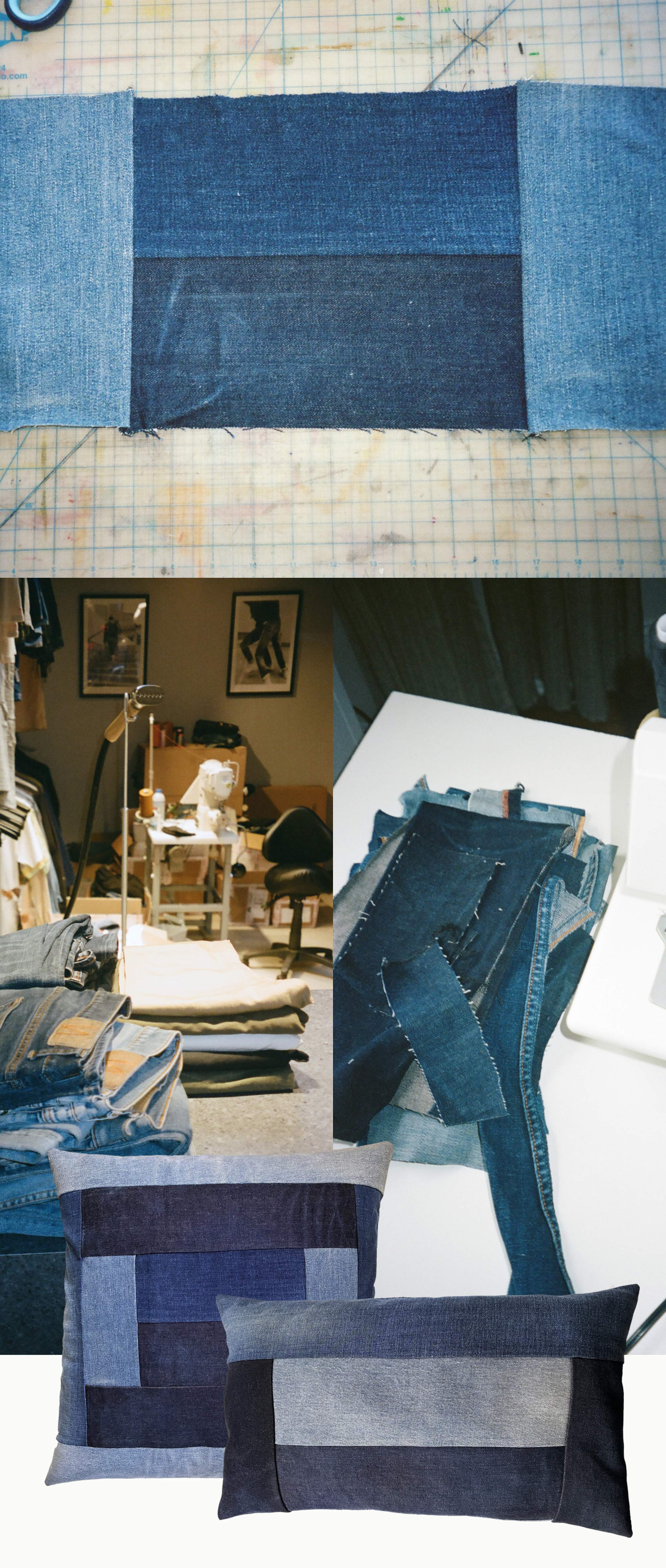 Patchwork denim in progress, a sewing setup, stacked denim pieces, and two completed patchwork denim pillows.