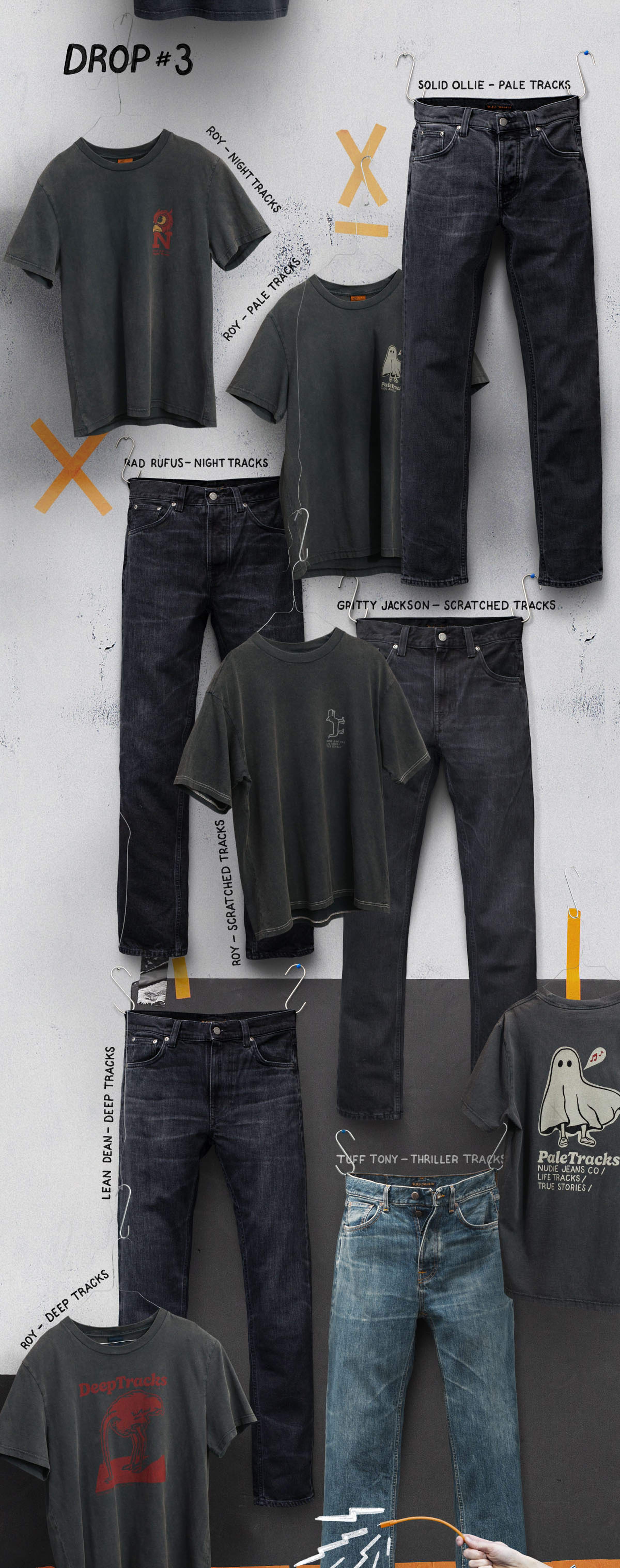 Nudie Jeans Life Tracks Drop #3 collage of dark tees and denim including Solid Ollie Pale Tracks and Lean Dean Deep Tracks.