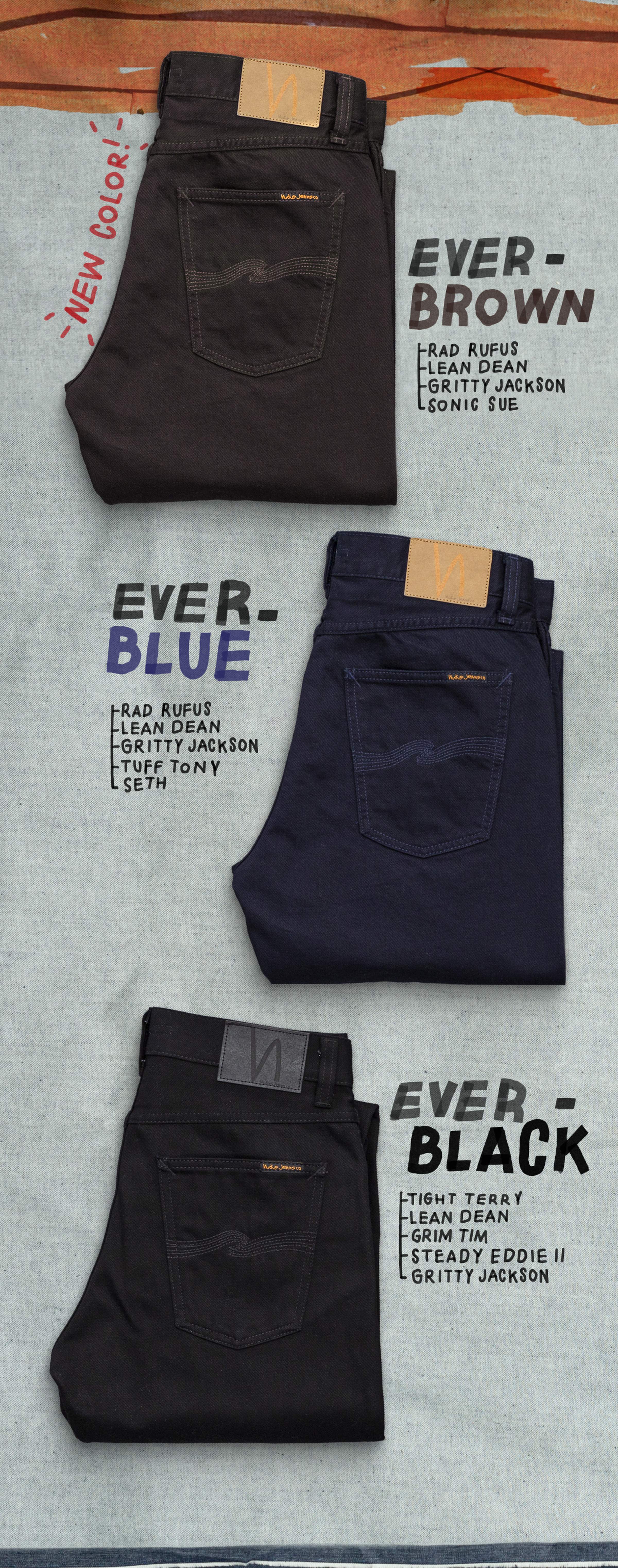 Nudie Jeans Everjeans collection in Ever-Brown, Ever-Blue, and Ever-Black folded to show back pockets and leather patches.